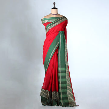 Red Mangalagiri Cotton Saree With Green Zari Border And Woven Pallu - Full View