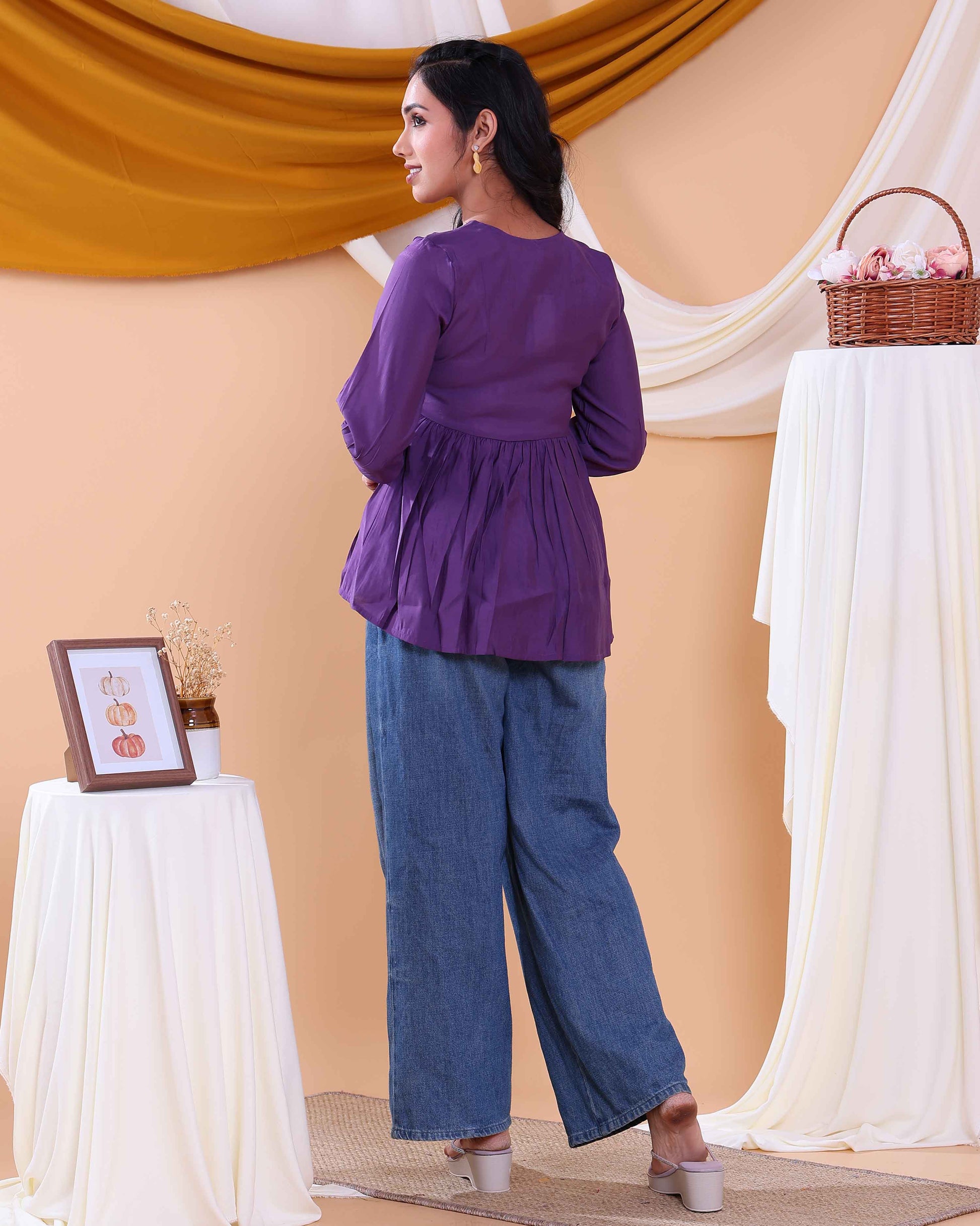 Women's Embroidered Round Neck Short Kurta Tunic with Gathered Waist - Purple