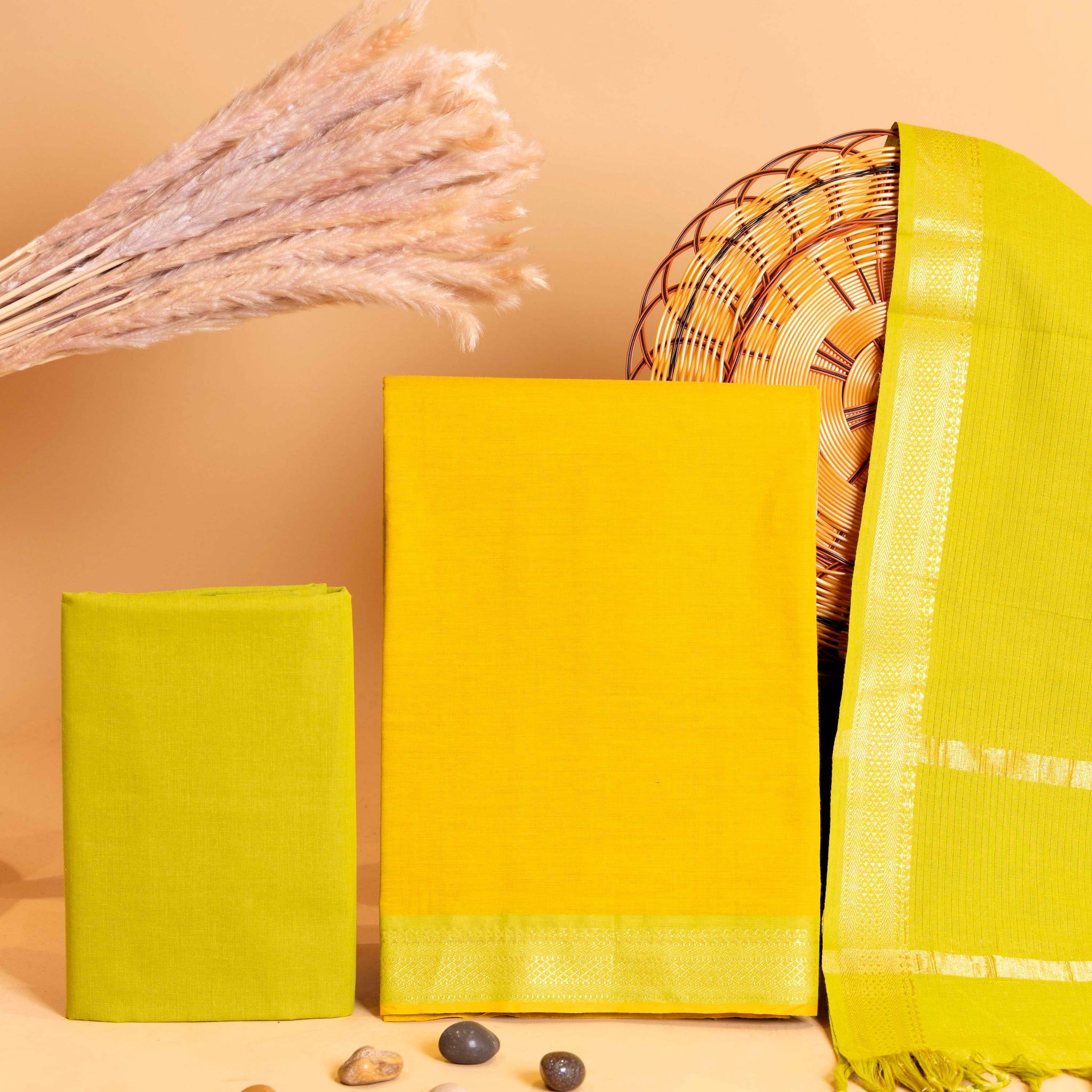 Women's Unstitched Cotton Salwar Suit Material with Woven Border and Dupatta- Yellow