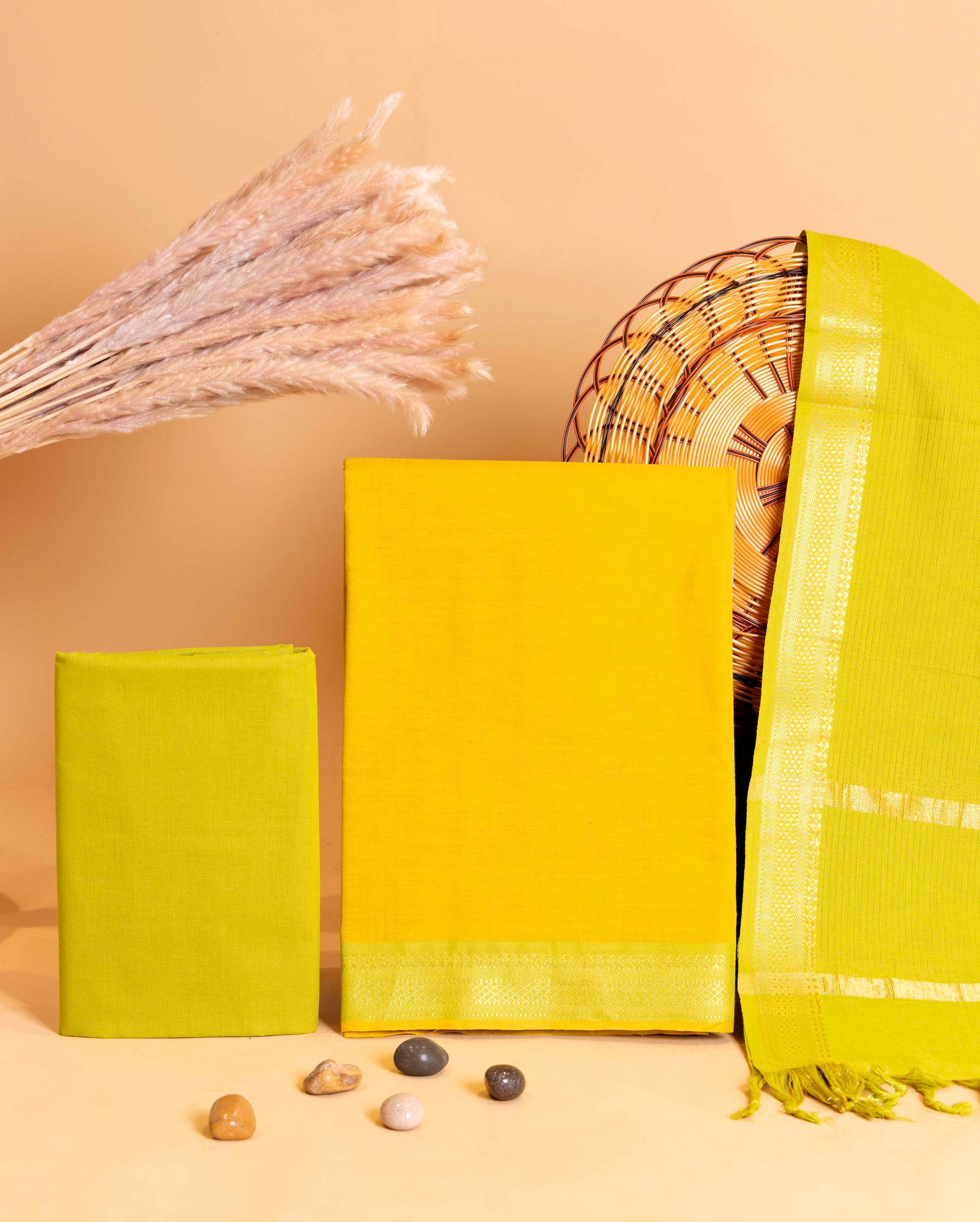 Women's Unstitched Cotton Salwar Suit Material with Woven Border and Dupatta- Yellow