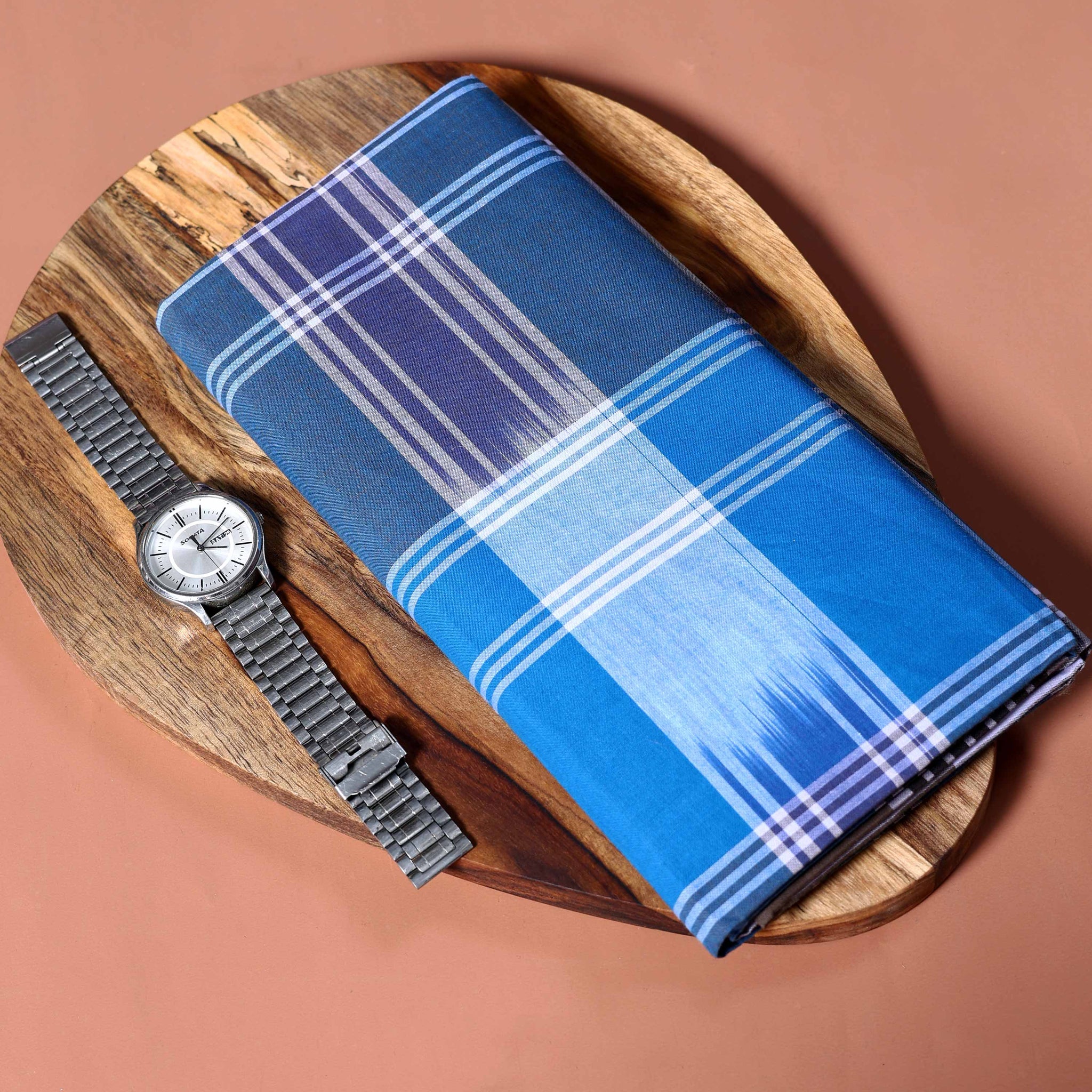 Sangu Brand Men's Premium Cotton Striped Lungi Stitched - Blue