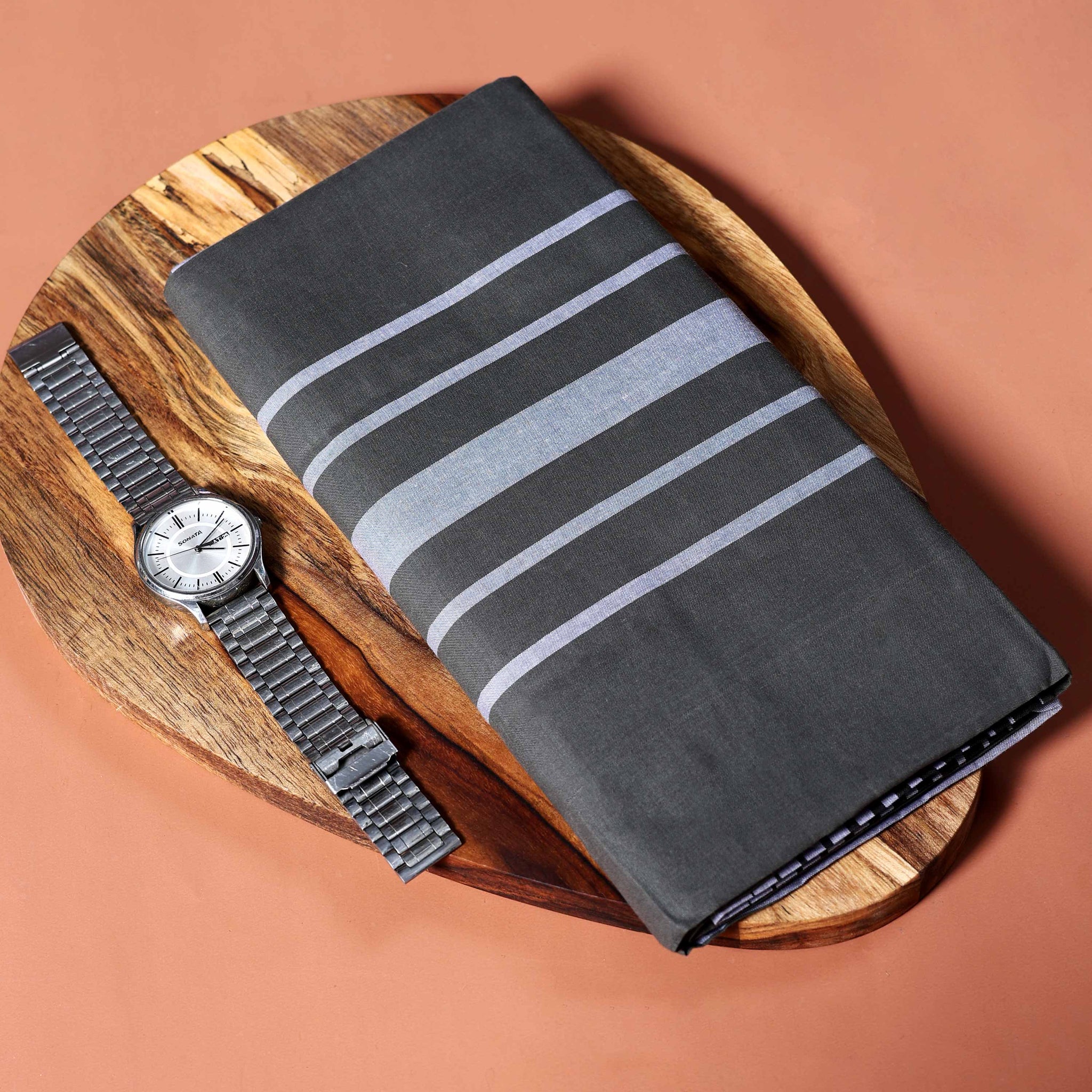 Sangu Brand Men's Premium Cotton Striped Lungi Stitched - Dark Grey