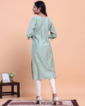Women's Self-Design Straight Kurta with Round Neck and Thread Work - Light Green