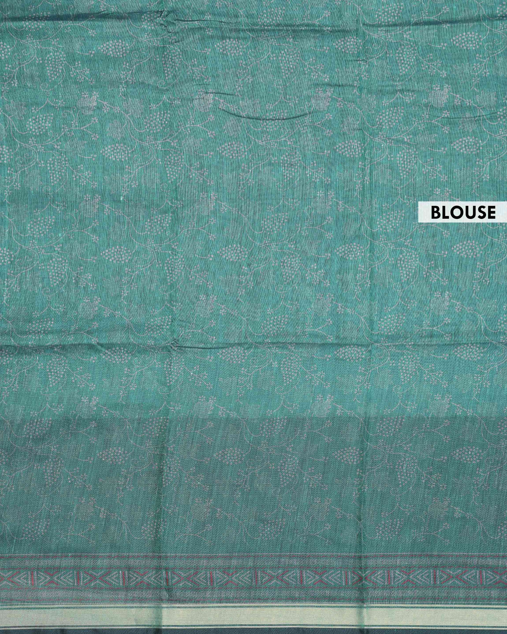 Elegant Semi Chanderi Saree with All-Over Floral Vine Buta Motifs and Intricately Contrast Zari Border  - Green-Blouse