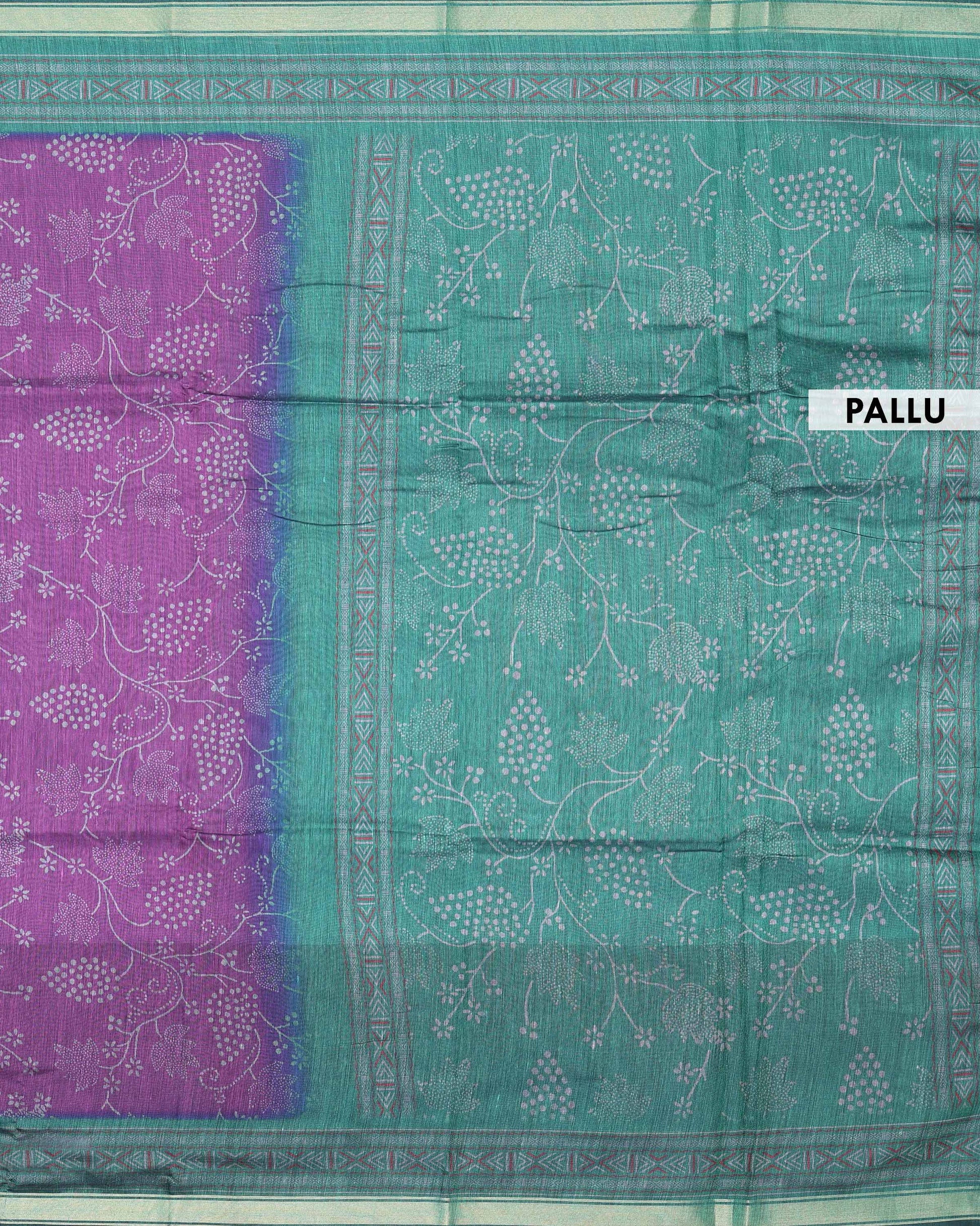 Elegant Semi Chanderi Saree with All-Over Floral Vine Buta Motifs and Intricately Contrast Zari Border  - Green-Pallu