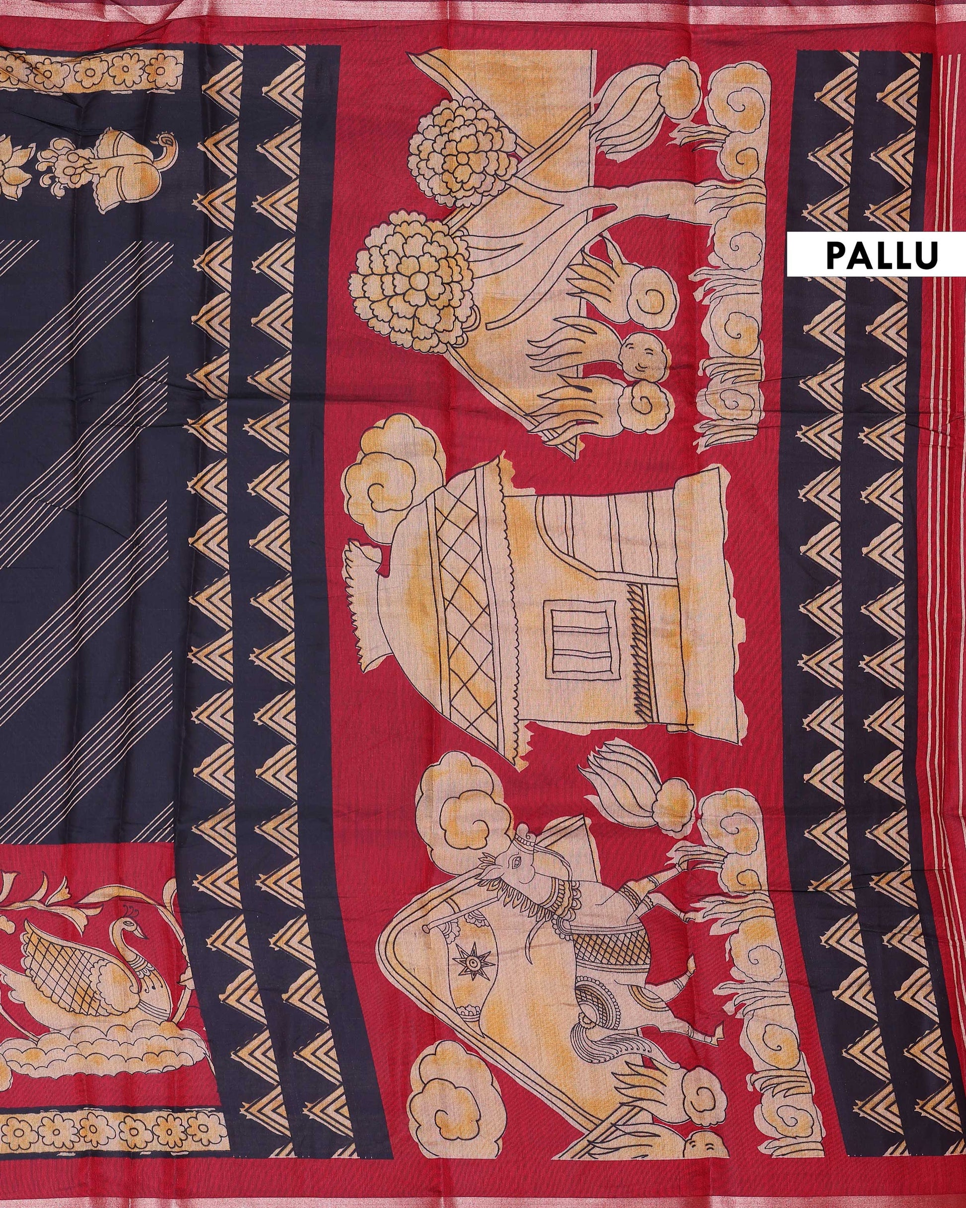 Elegant Semi Chanderi Saree with Traditional Kalamkari Inspired Border Diagonal Striped Body & Mythical Motif Pallu - Multi-Pallu