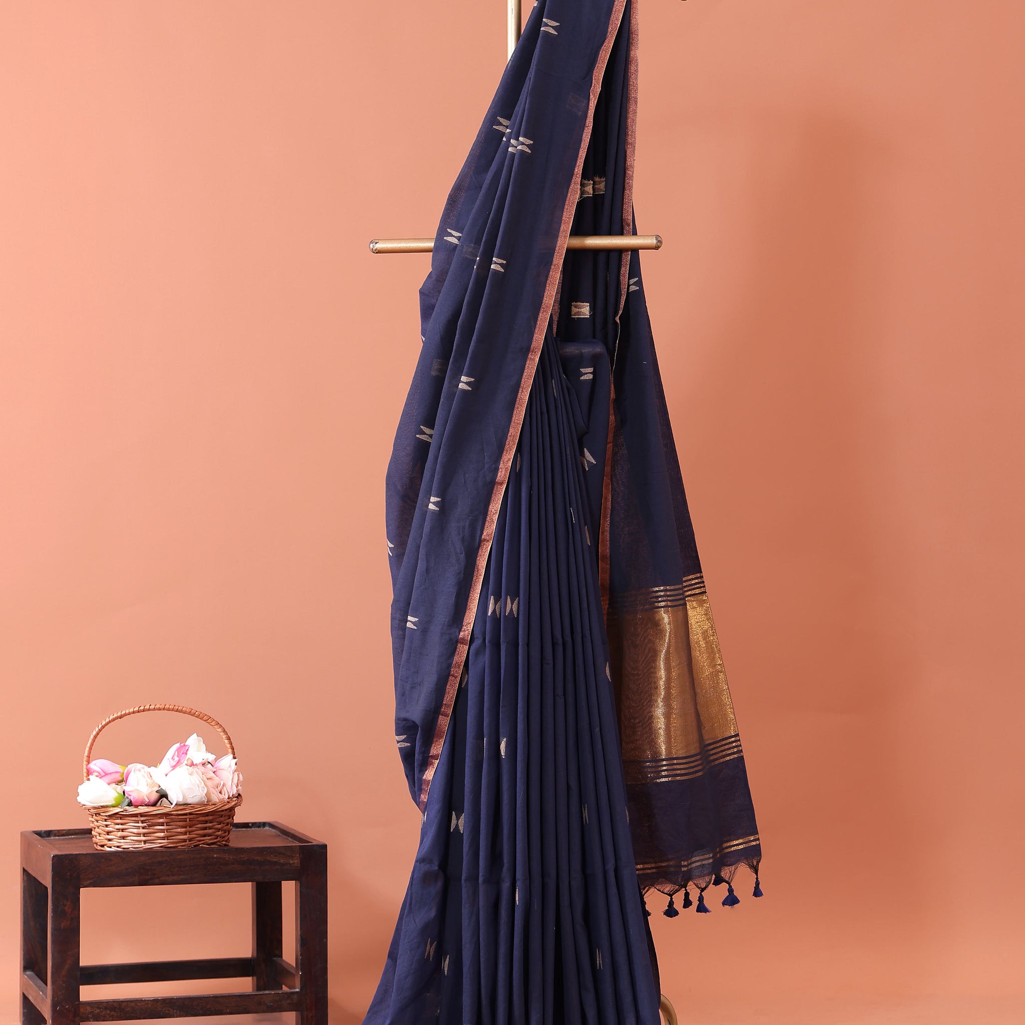 Classic Semi Silk Cotton Saree Golden Zari Border and All-Over Thread Motifs - Navy Blue