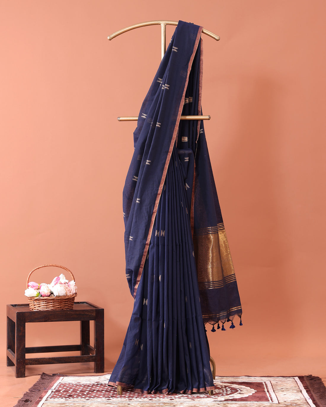 Classic Semi Silk Cotton Saree Golden Zari Border and All-Over Thread Motifs - Navy Blue