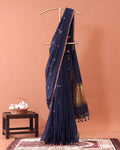 Classic Semi Silk Cotton Saree Golden Zari Border and All-Over Thread Motifs - Navy Blue