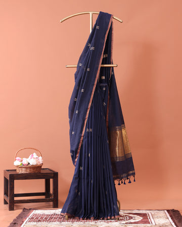 Classic Semi Silk Cotton Saree Golden Zari Border and All-Over Thread Motifs - Navy Blue