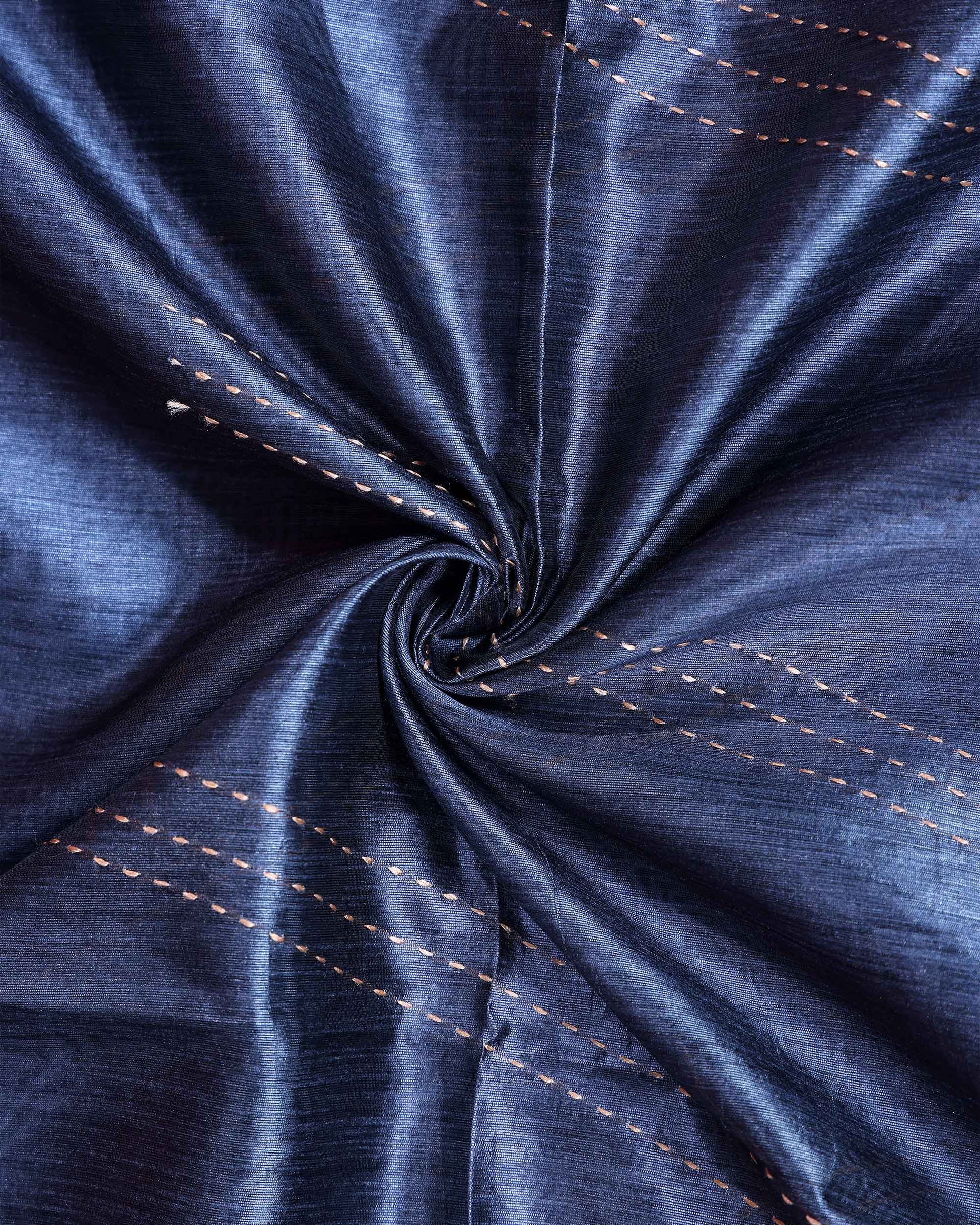 Semi Tussar Silk Saree with Diagonal Thread Detailing and Intricately Woven Traditional Floral Border - Blue-Close Up