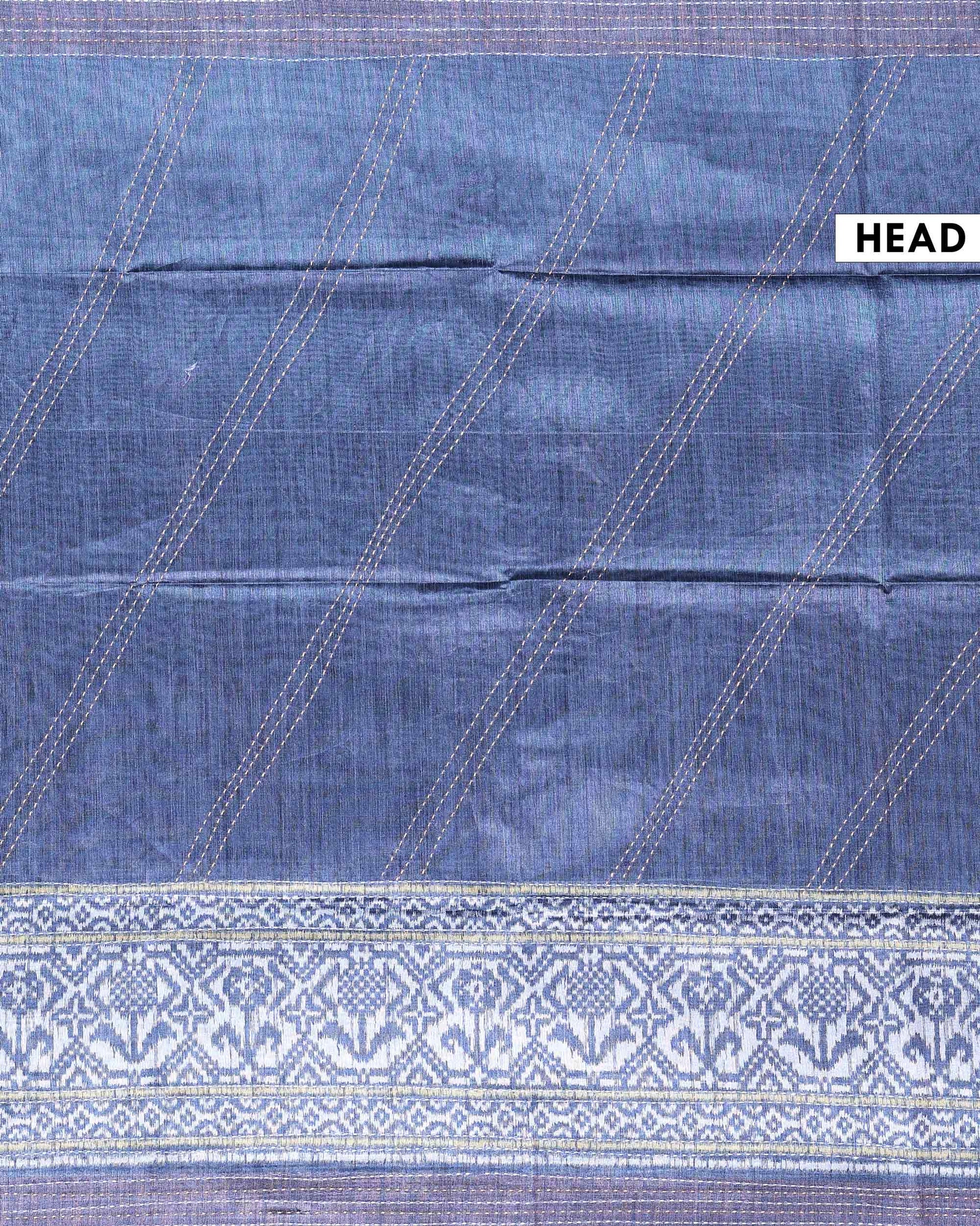 Semi Tussar Silk Saree with Diagonal Thread Detailing and Intricately Woven Traditional Floral Border - Blue-Head
