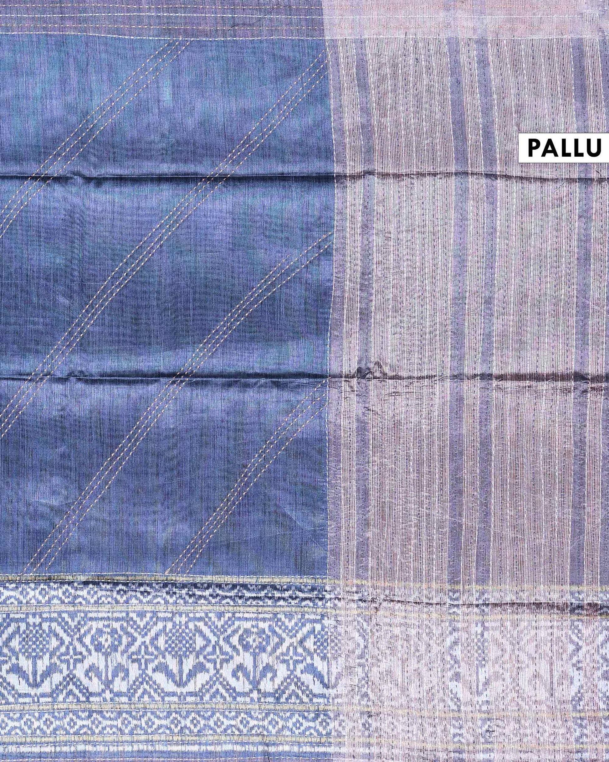Semi Tussar Silk Saree with Diagonal Thread Detailing and Intricately Woven Traditional Floral Border - Blue-Pallu