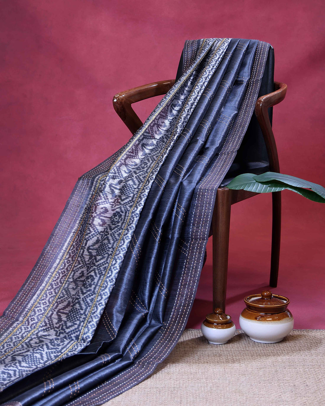 Semi Tussar Silk Saree with Diagonal Thread Detailing and Intricately Woven Traditional Floral Border - Blue