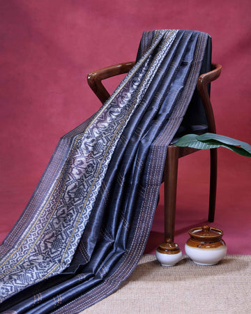 Semi Tussar Silk Saree with Diagonal Thread Detailing and Intricately Woven Traditional Floral Border - Blue