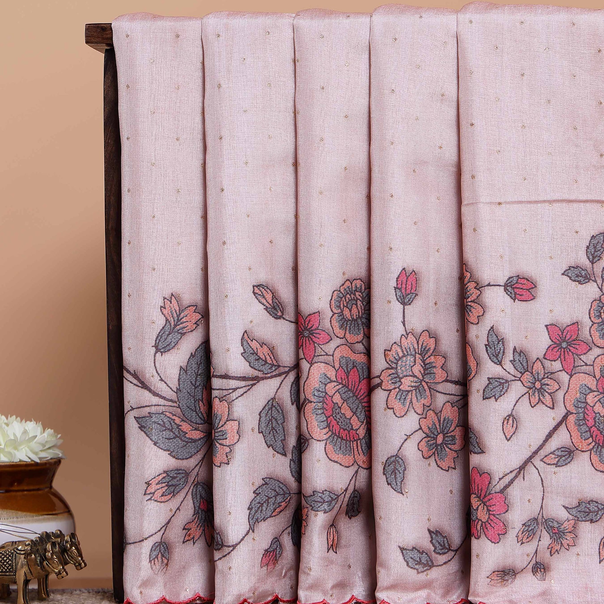 Elegant Semi Tussar Silk Saree with Floral Embroidery and Zari Dots - Light Pink