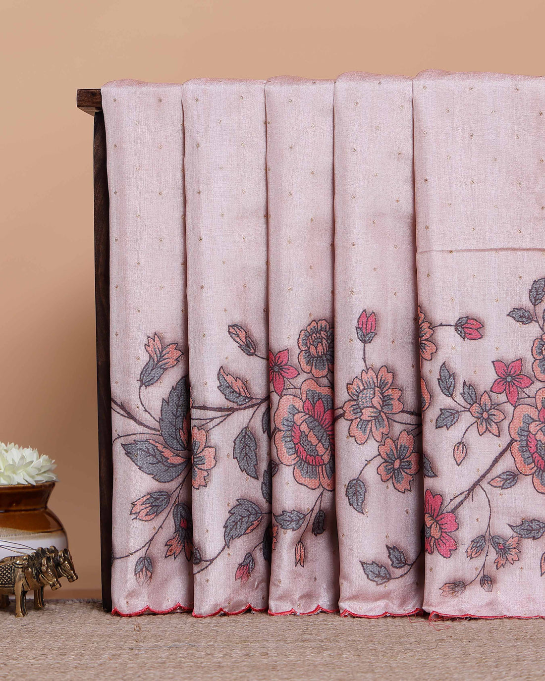 Elegant Semi Tussar Silk Saree with Floral Embroidery and Zari Dots - Light Pink