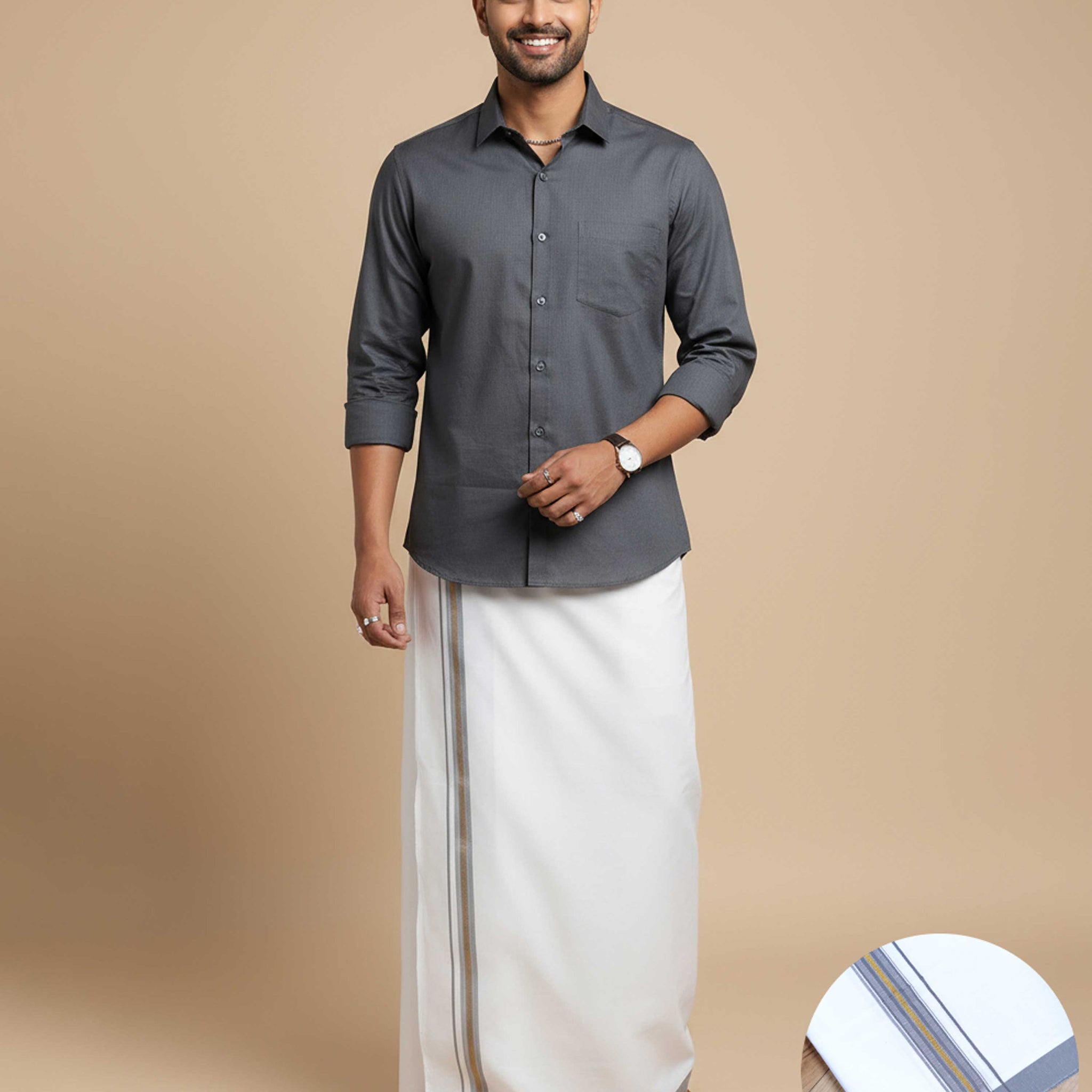 Elegant Men's Ethnic Full Sleeve Shirt & Dhoti Set with Traditional Border - Grey