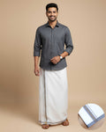 Elegant Men's Ethnic Full Sleeve Shirt & Dhoti Set with Traditional Border - Grey