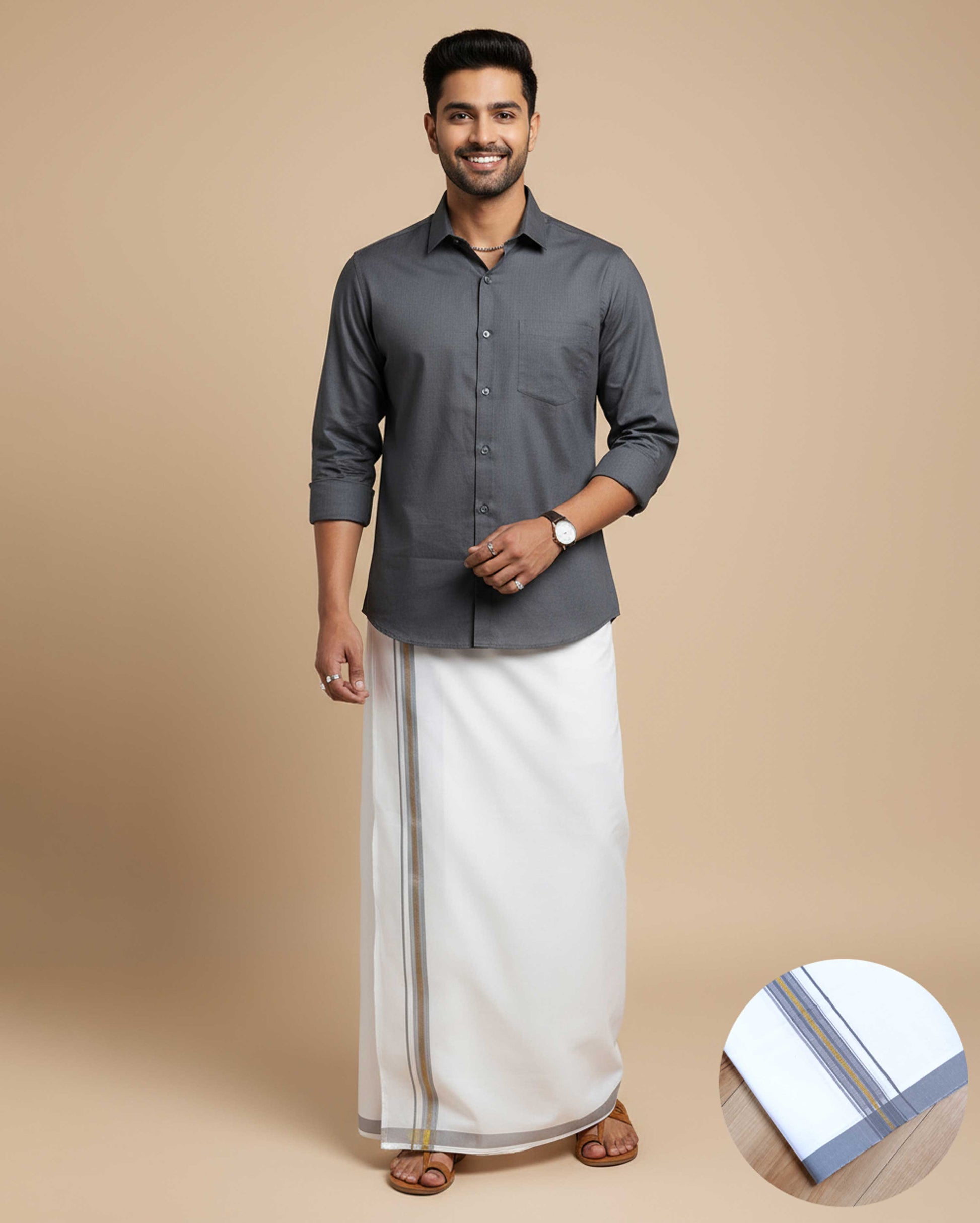 Elegant Men's Ethnic Full Sleeve Shirt & Dhoti Set with Traditional Border - Grey