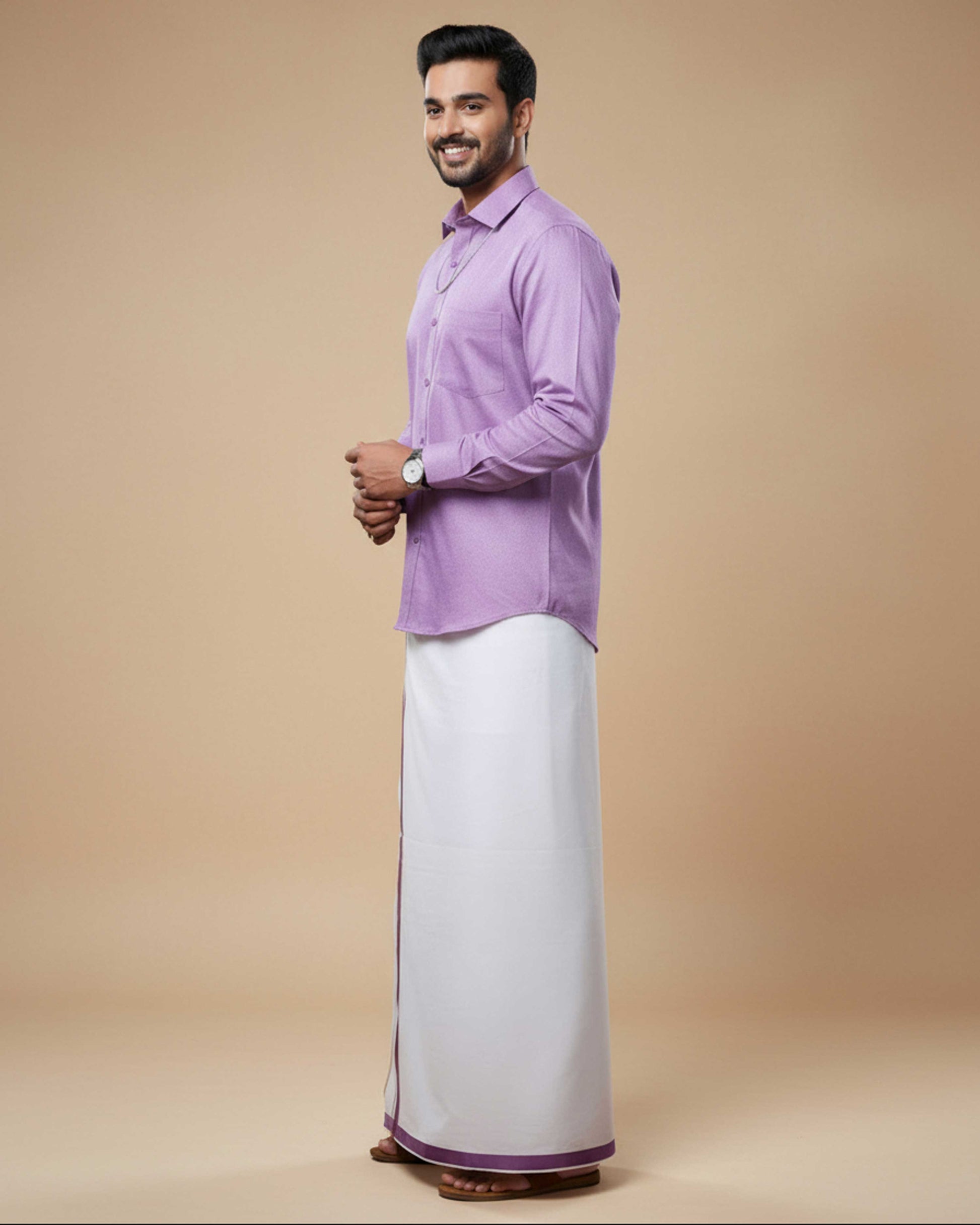 Shirt & Dhoti Set with Traditional Border - Lavender