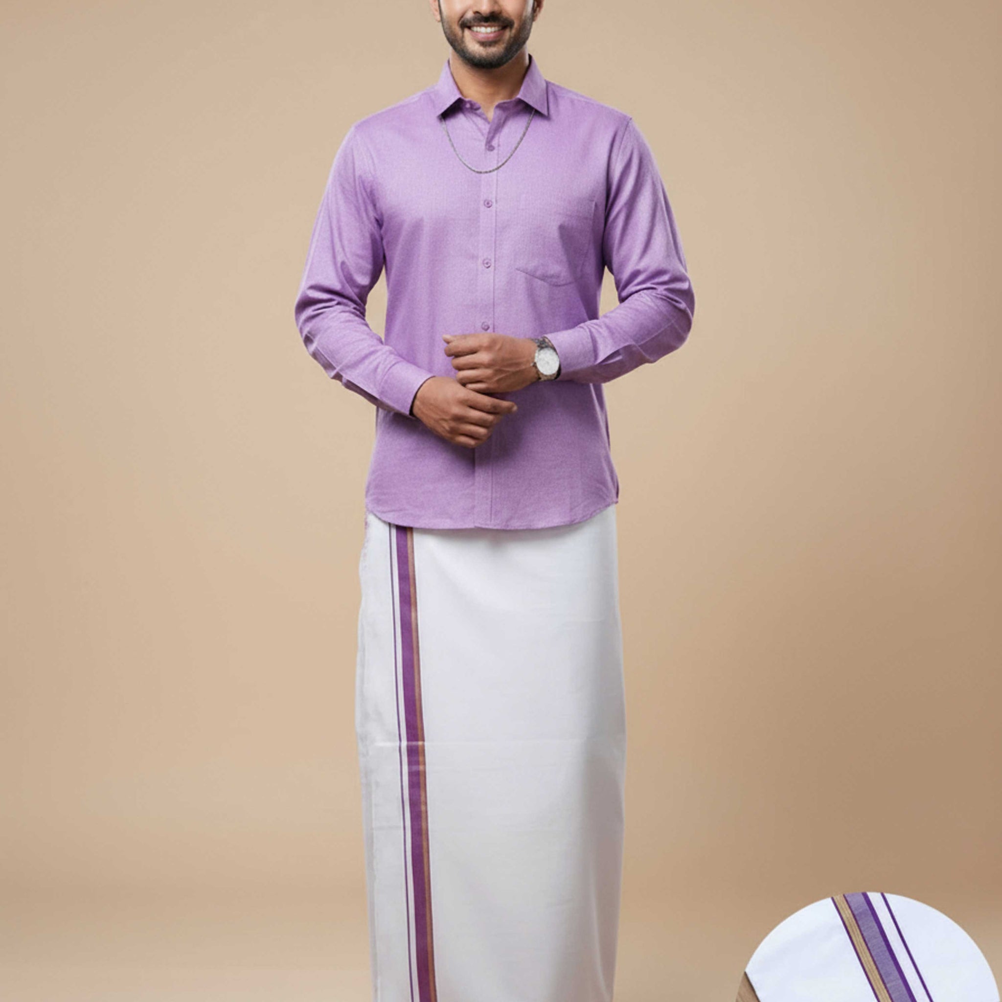 Shirt & Dhoti Set with Traditional Border - Lavender