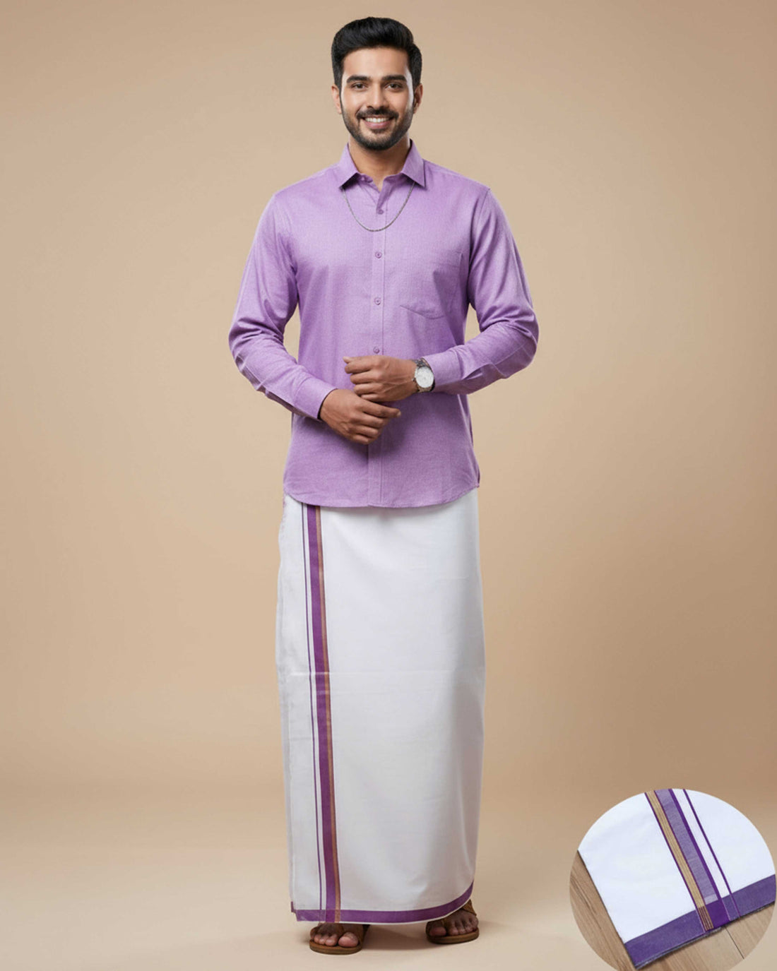 Shirt & Dhoti Set with Traditional Border - Lavender