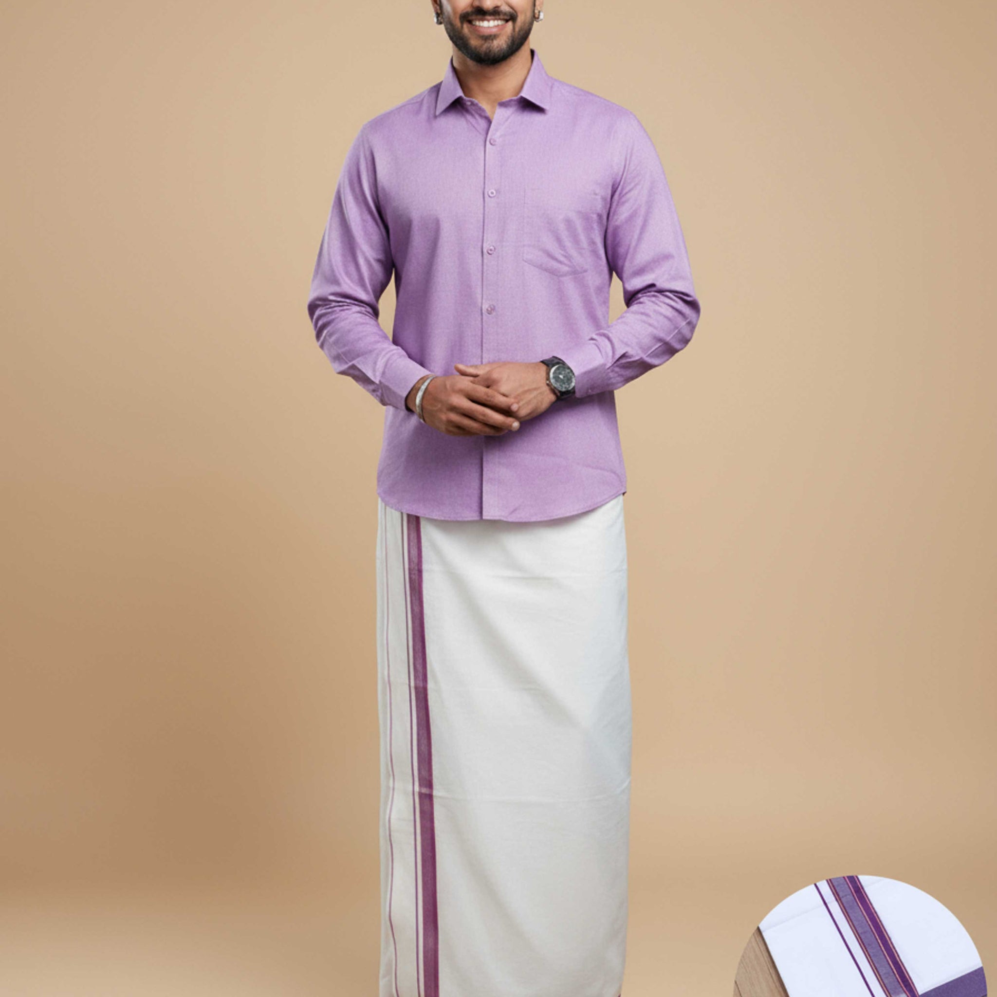 Shirt & Dhoti Set with Traditional Border - Lavender