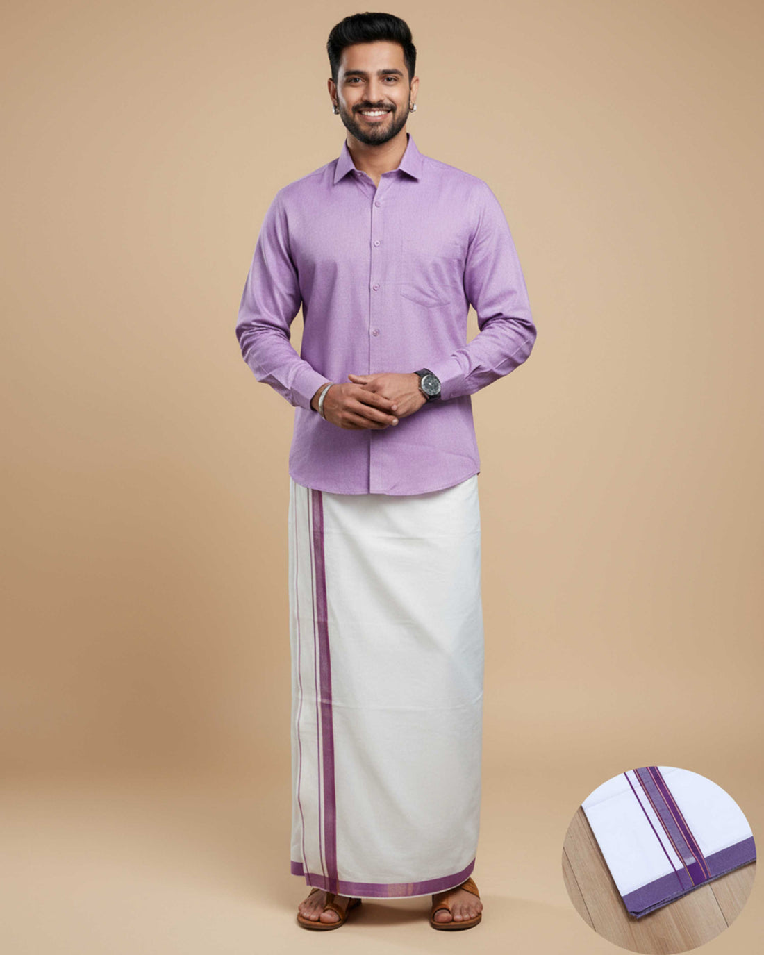 Shirt & Dhoti Set with Traditional Border - Lavender