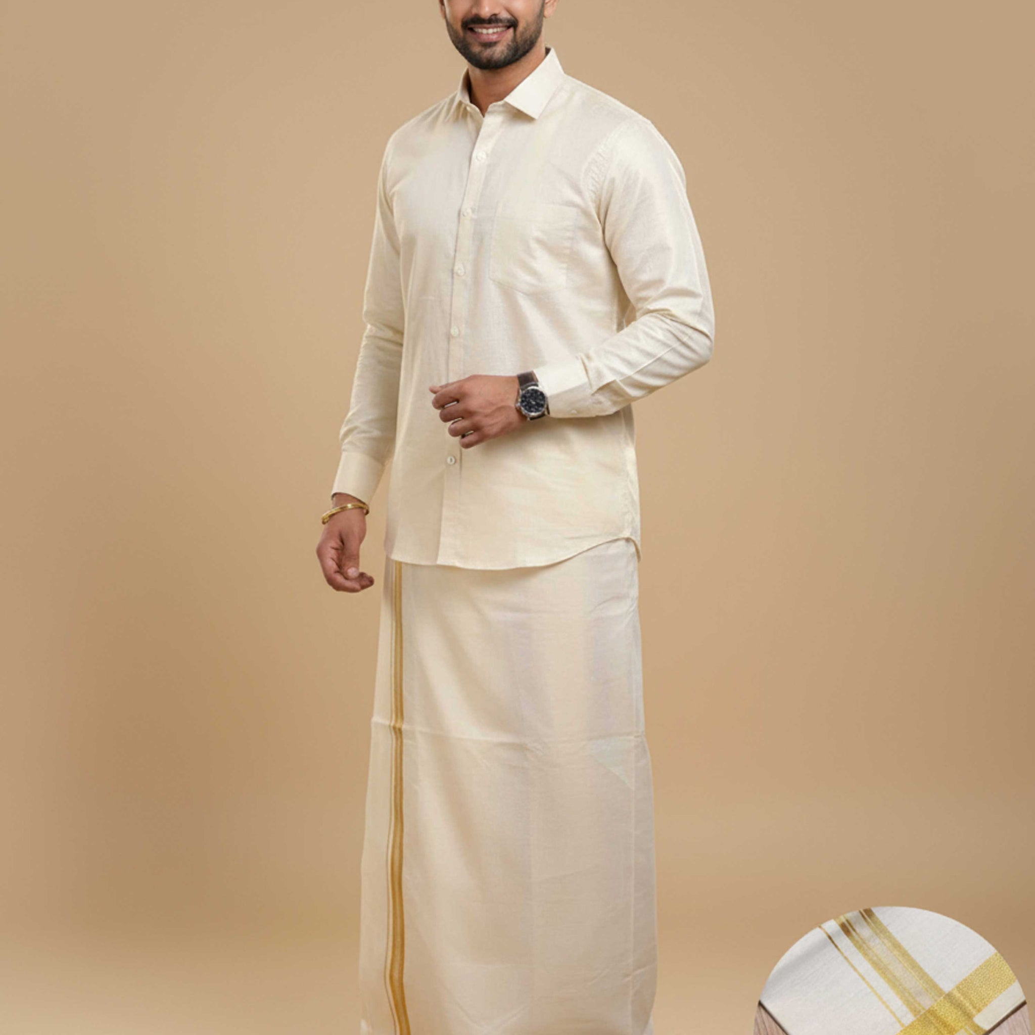 Shirt & Dhoti Set with Traditional Border - Cream