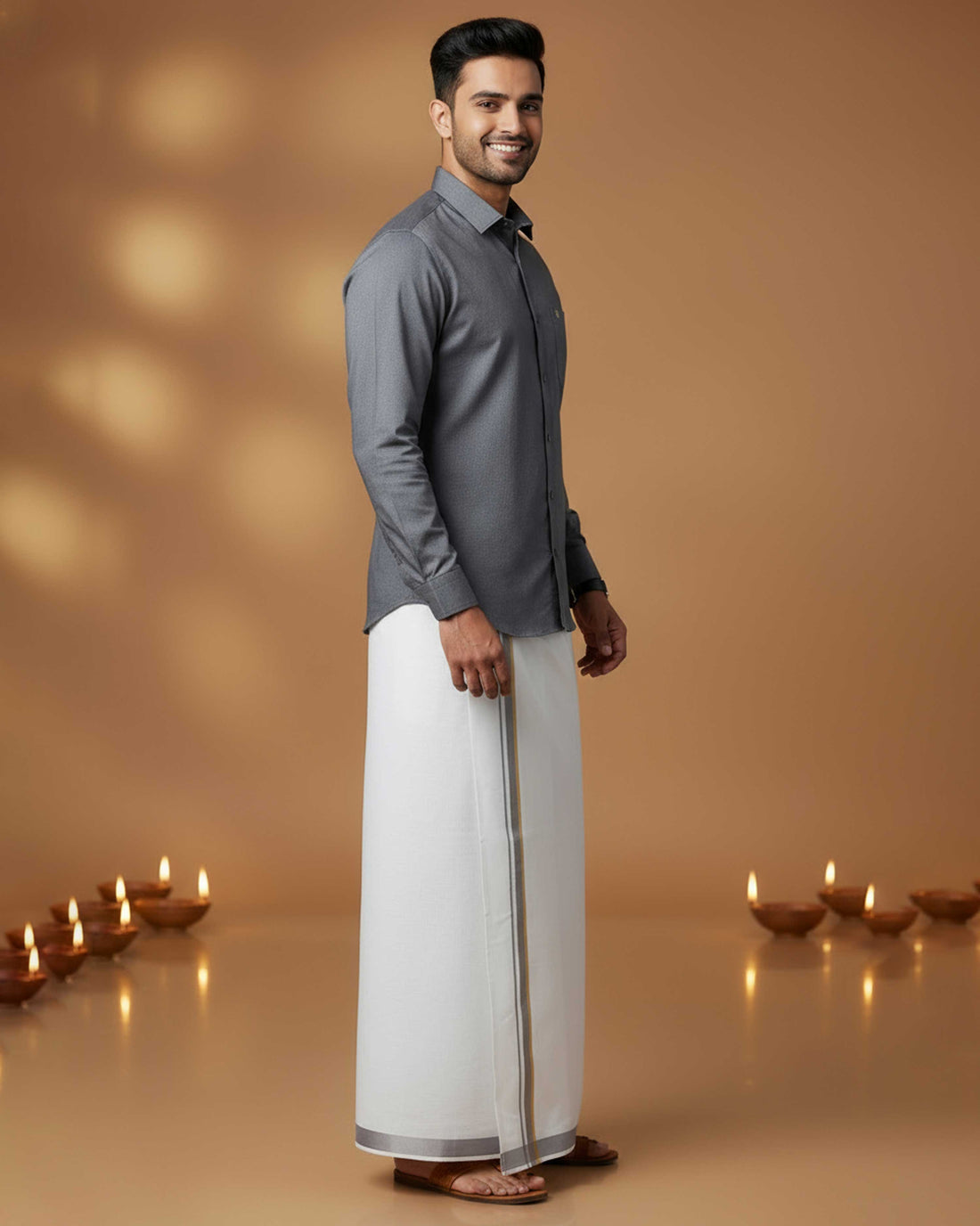 Elegant Men's Ethnic Full Sleeve Shirt & Dhoti Set with Traditional Border - Grey 