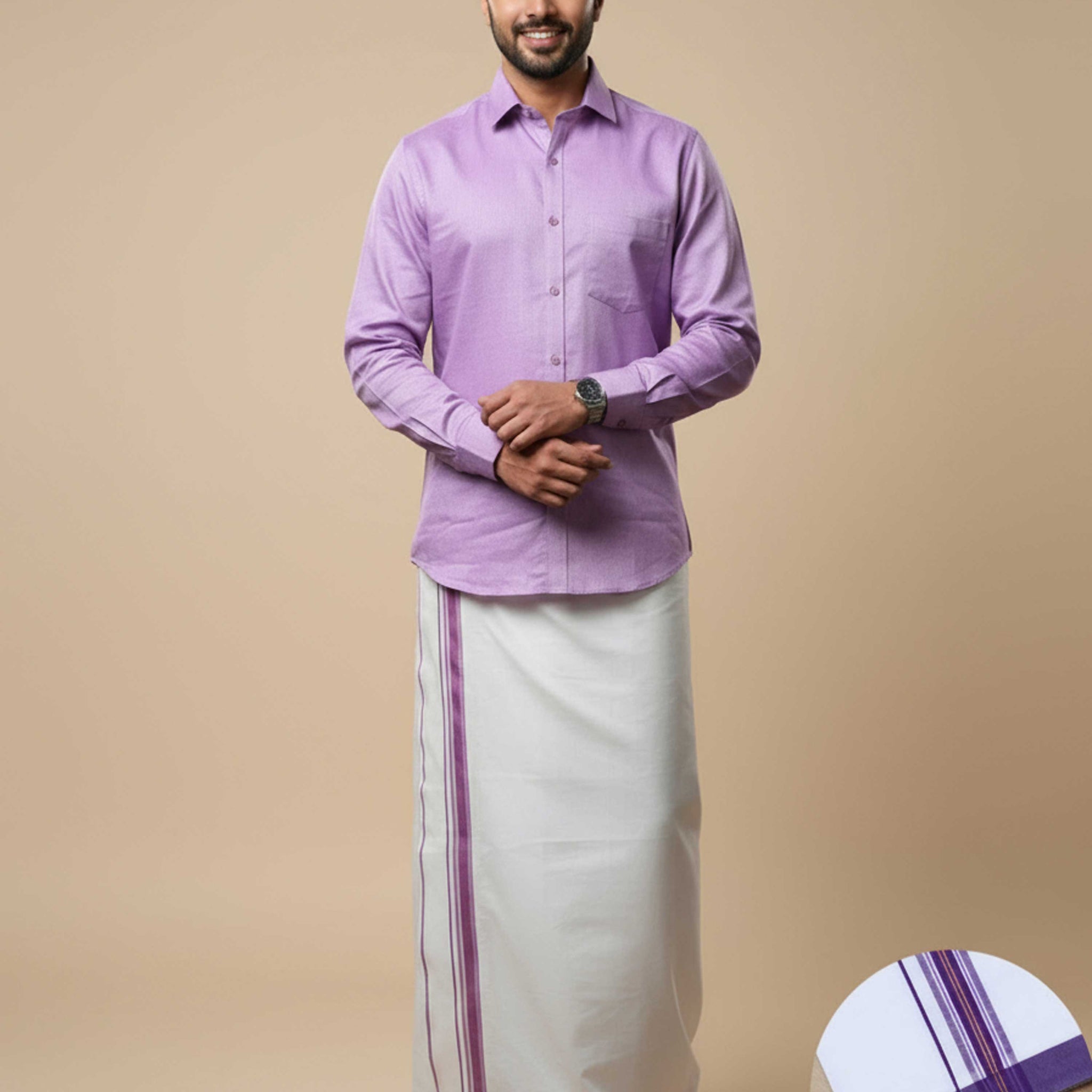 Shirt & Dhoti Set with Traditional Border - Lavender