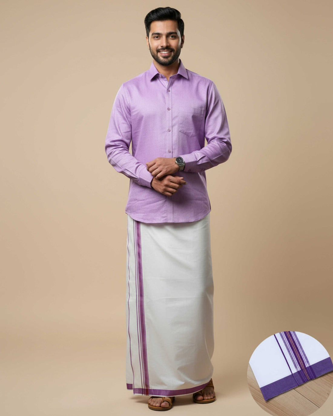 Shirt & Dhoti Set with Traditional Border - Lavender