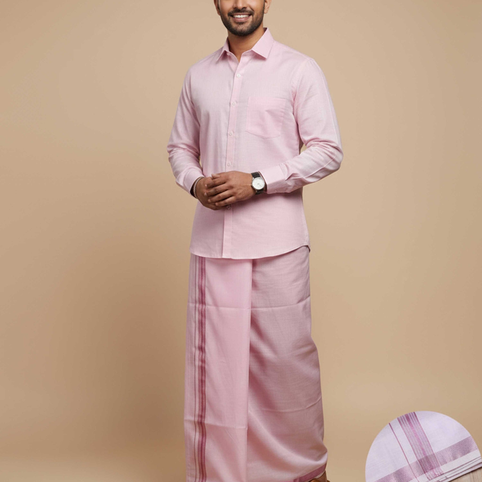Shirt & Dhoti Set with Traditional Border - Rose Pink