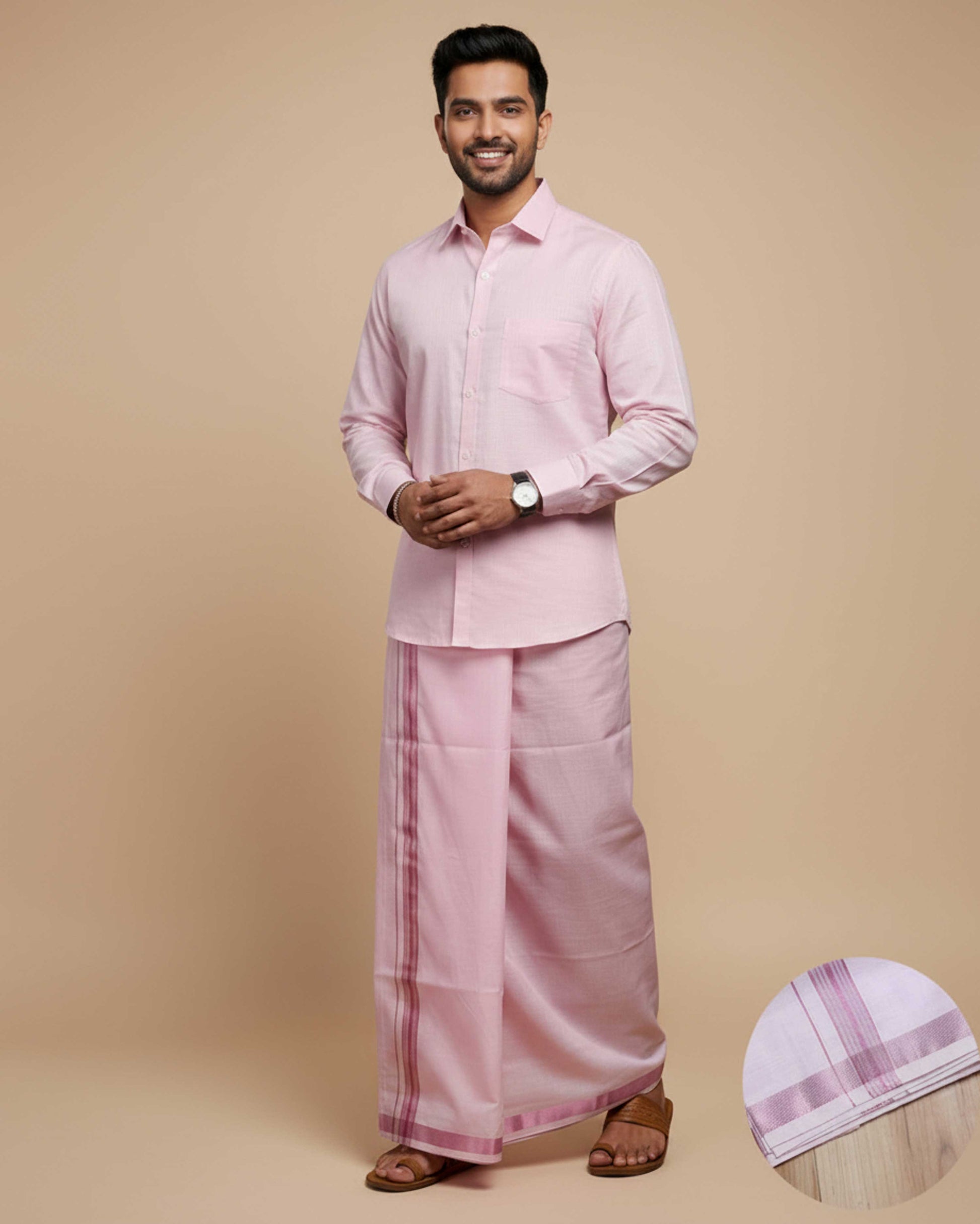 Shirt & Dhoti Set with Traditional Border - Rose Pink