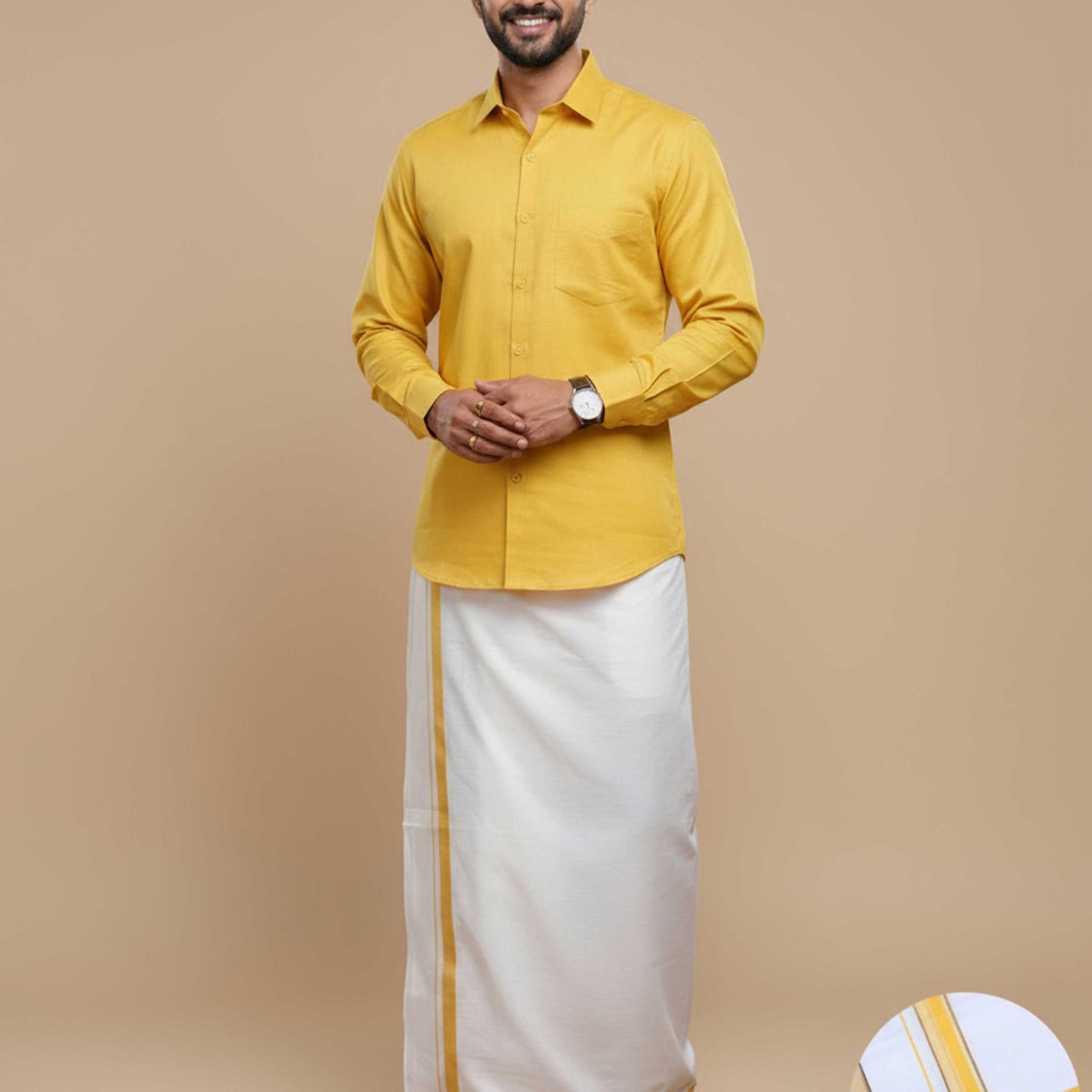Shirt & Dhoti Set with Traditional Border - Yellow