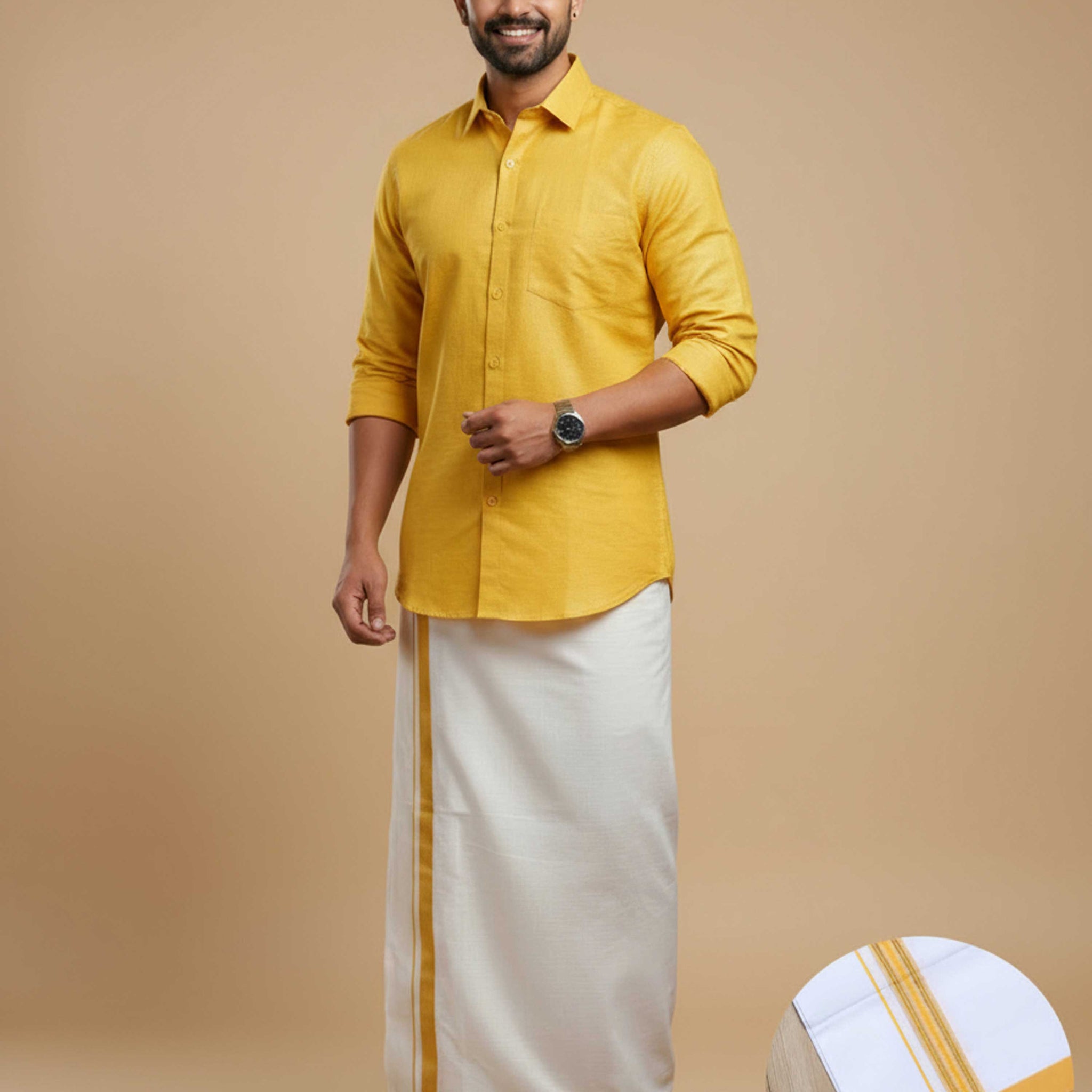  Full Sleeve Shirt & Dhoti Set with Traditional Border - Yellow