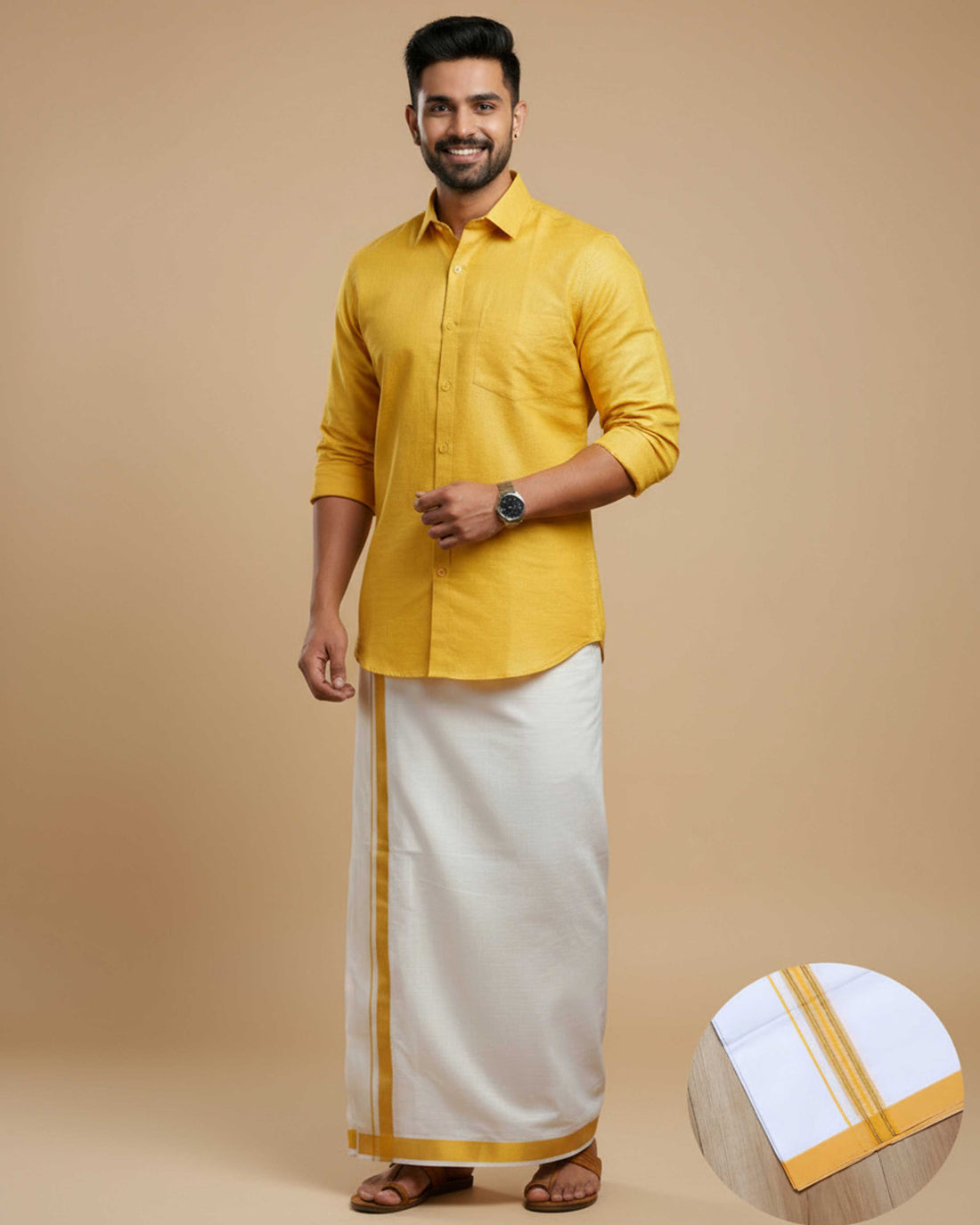  Full Sleeve Shirt & Dhoti Set with Traditional Border - Yellow