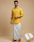  Full Sleeve Shirt & Dhoti Set with Traditional Border - Yellow
