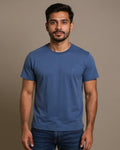Short Sleeve Crew Neck T-Shirt with Small Embroidered Logo Blue Front View