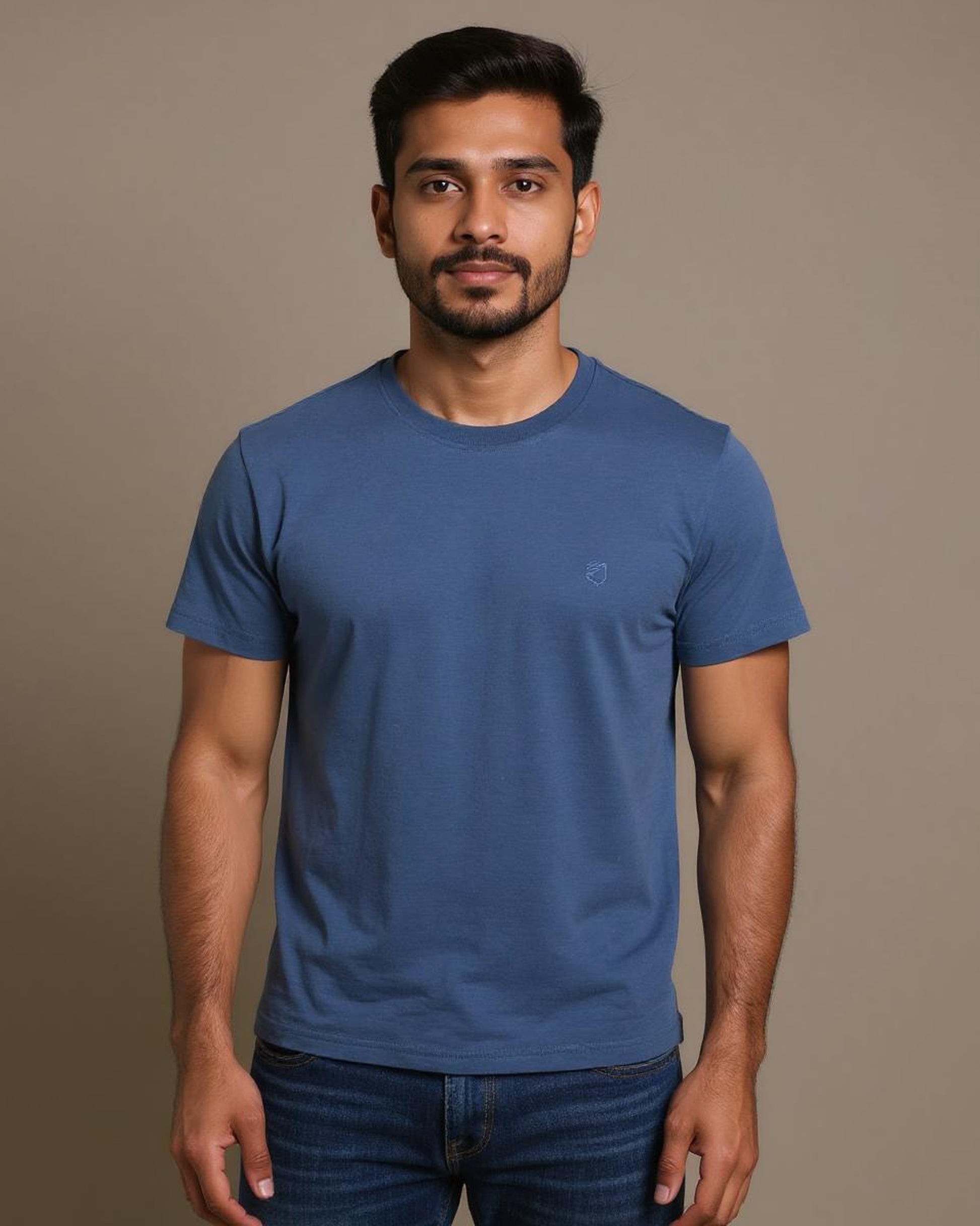 Short Sleeve Crew Neck T-Shirt with Small Embroidered Logo Blue Front View