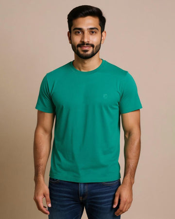 Short Sleeve Crew Neck T-Shirt with Small Embroidered Logo Emerald Green Front View