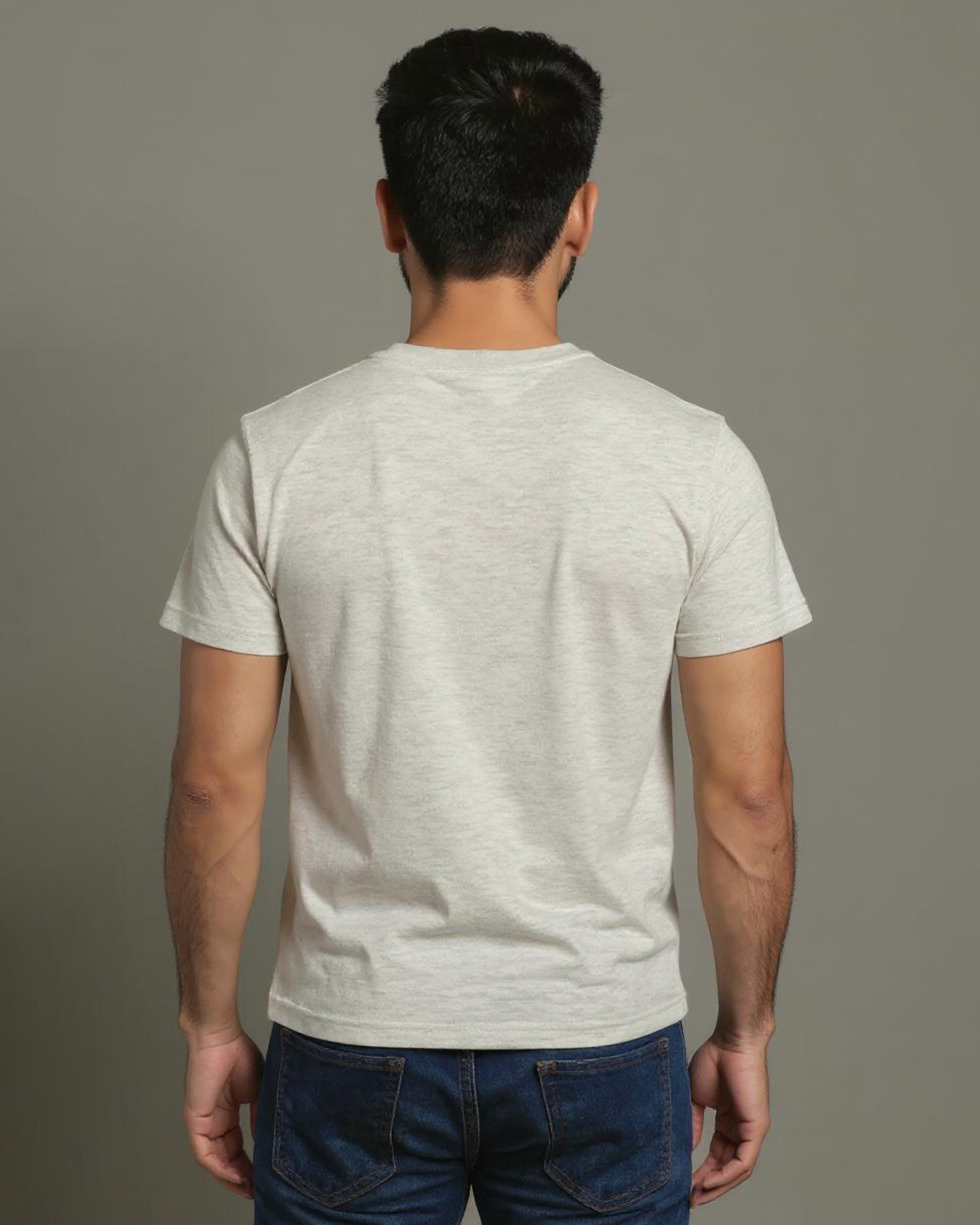 Short Sleeve Crew Neck T-Shirt with Small Embroidered Logo Grey Back View