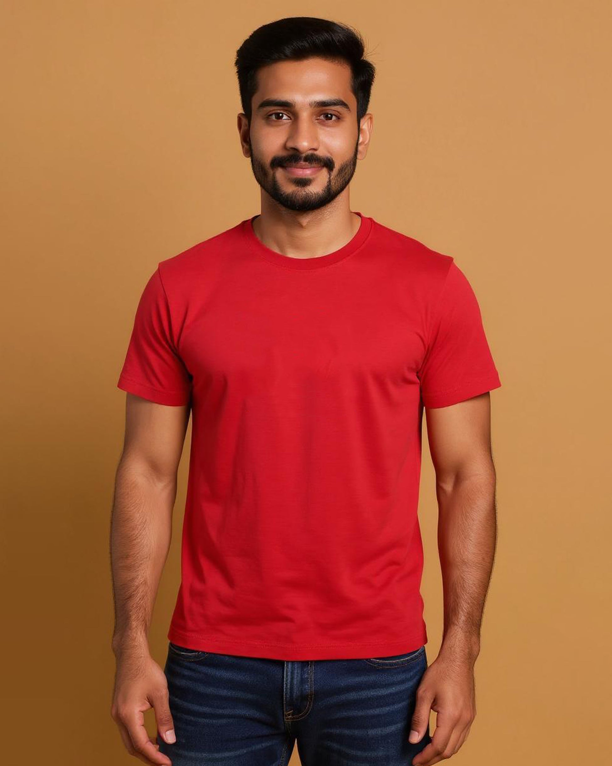 Short Sleeve Crew Neck T-Shirt with Small Embroidered Logo Light Red Front View