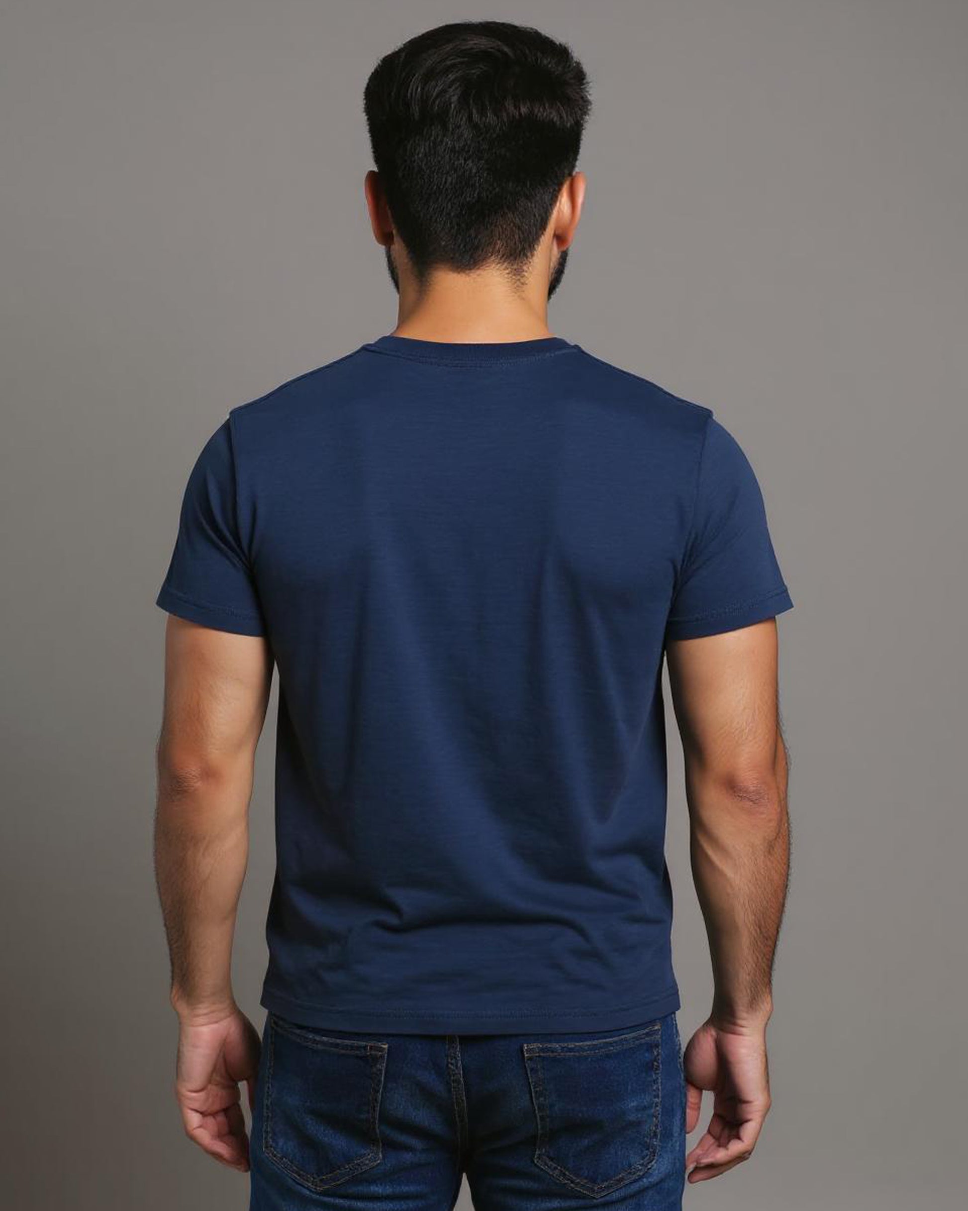 Short Sleeve Crew Neck T-Shirt with Small Embroidered Logo Navy Blue Back View