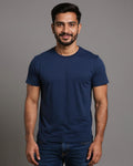 Short Sleeve Crew Neck T-Shirt with Small Embroidered Logo Navy Blue Front View