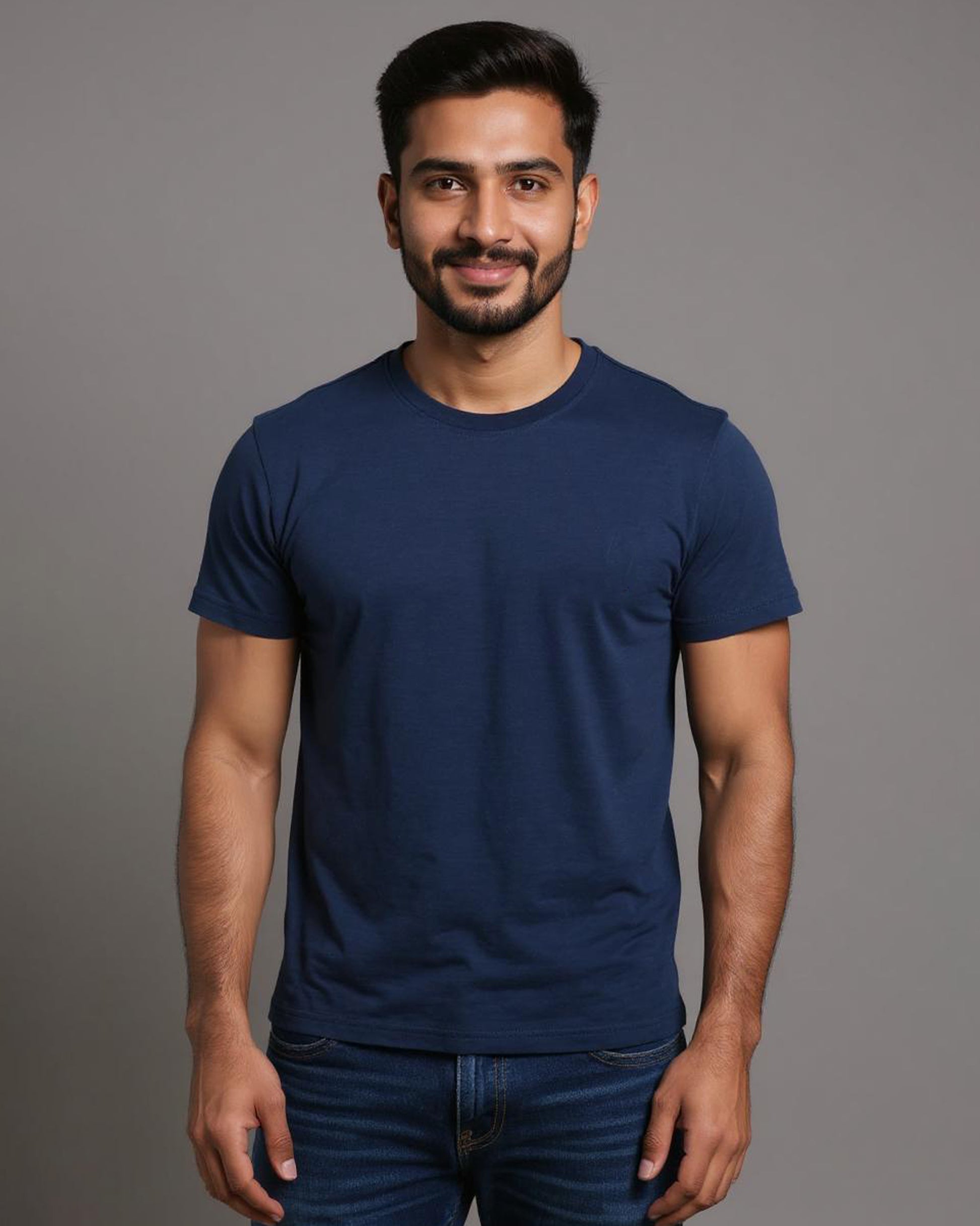 Short Sleeve Crew Neck T-Shirt with Small Embroidered Logo Navy Blue Front View