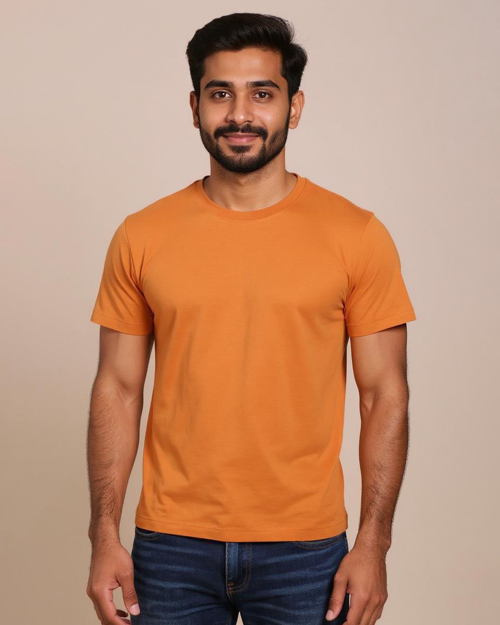 Short Sleeve Crew Neck T-Shirt with Small Embroidered Logo Orange Front View