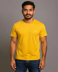 Short Sleeve Crew Neck T-Shirt with Small Embroidered Logo Yellow Front View