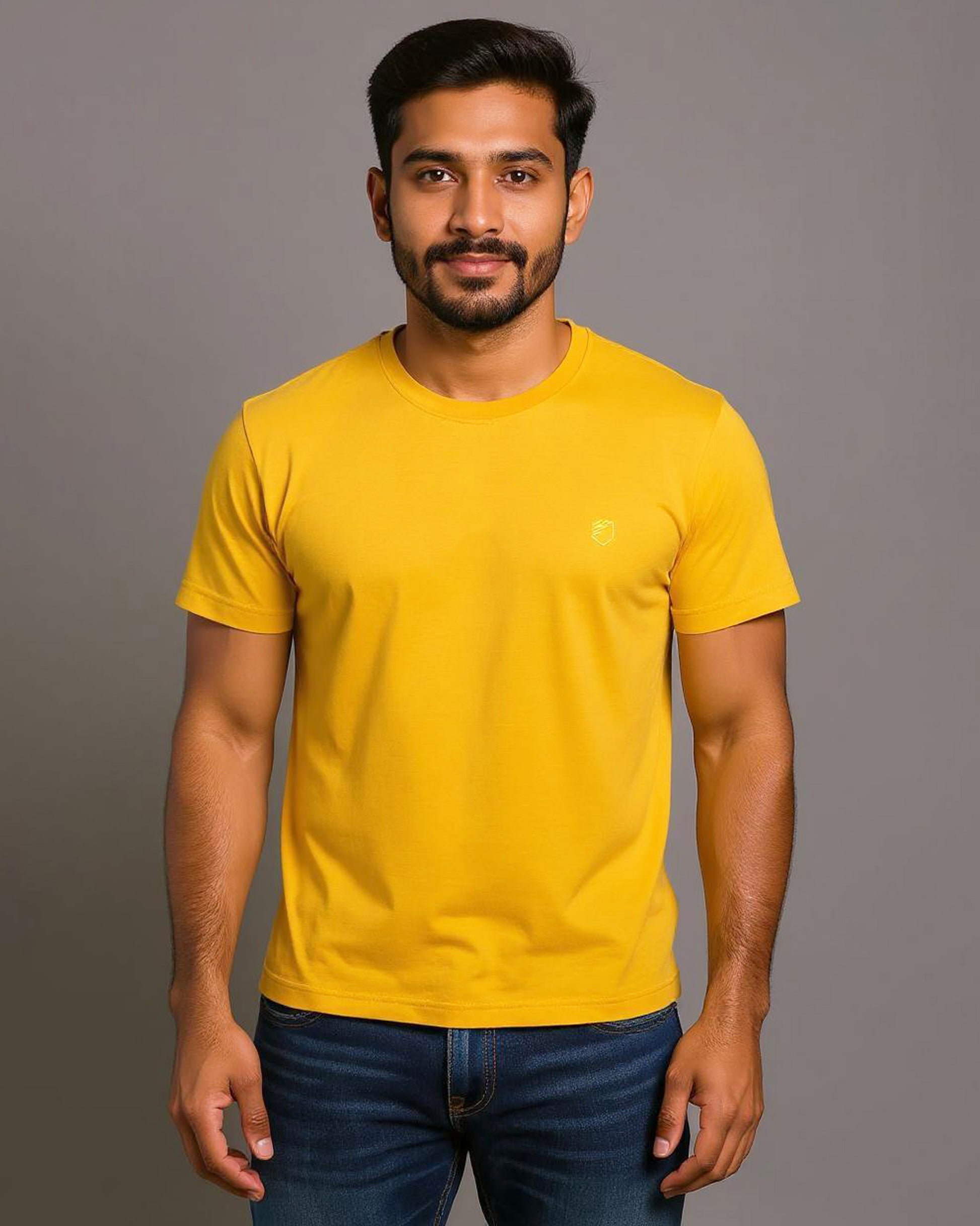 Short Sleeve Crew Neck T-Shirt with Small Embroidered Logo Yellow Front View